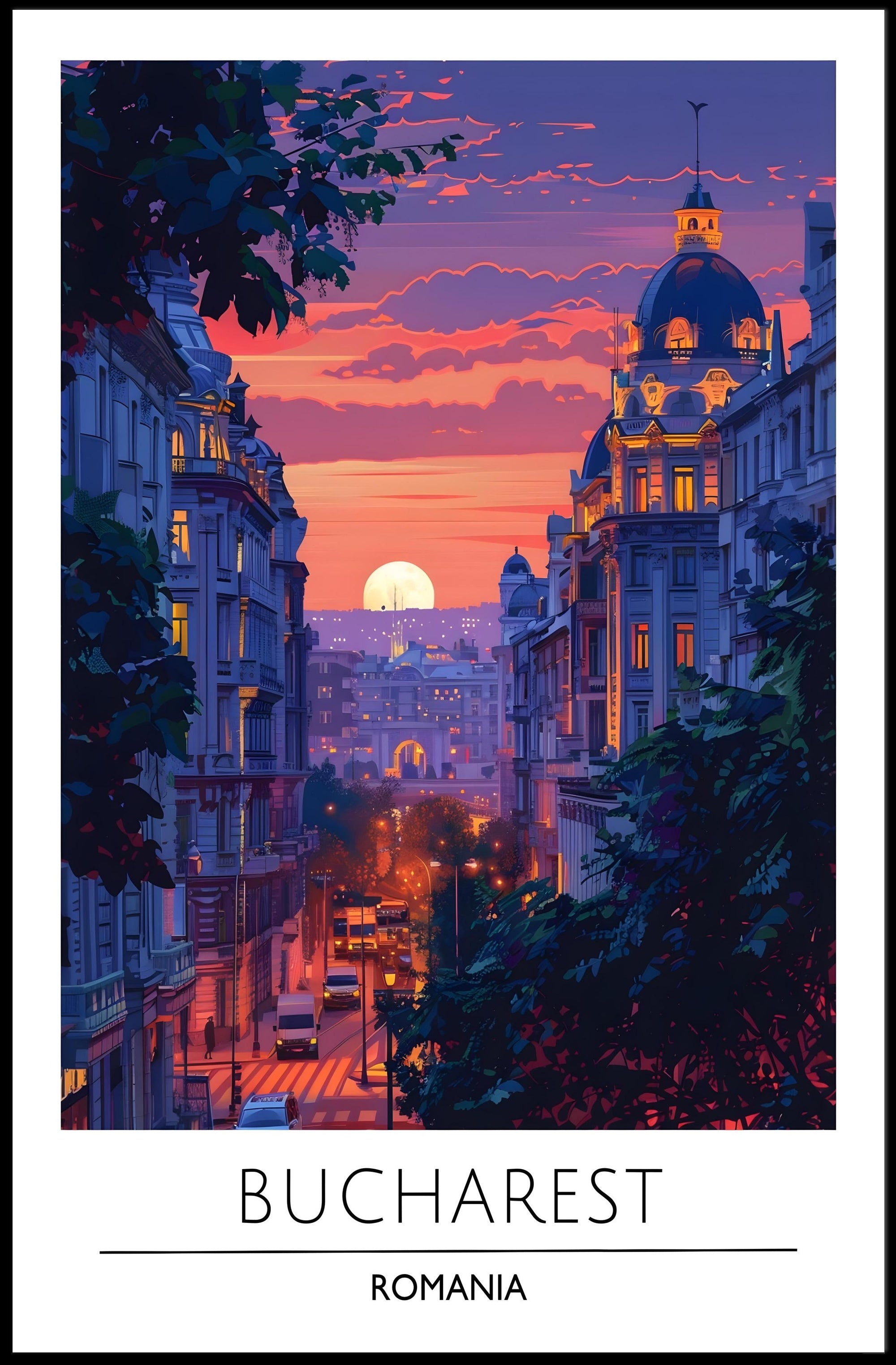 Bucharest Evening Street Scene at Sunset Travel Poster
