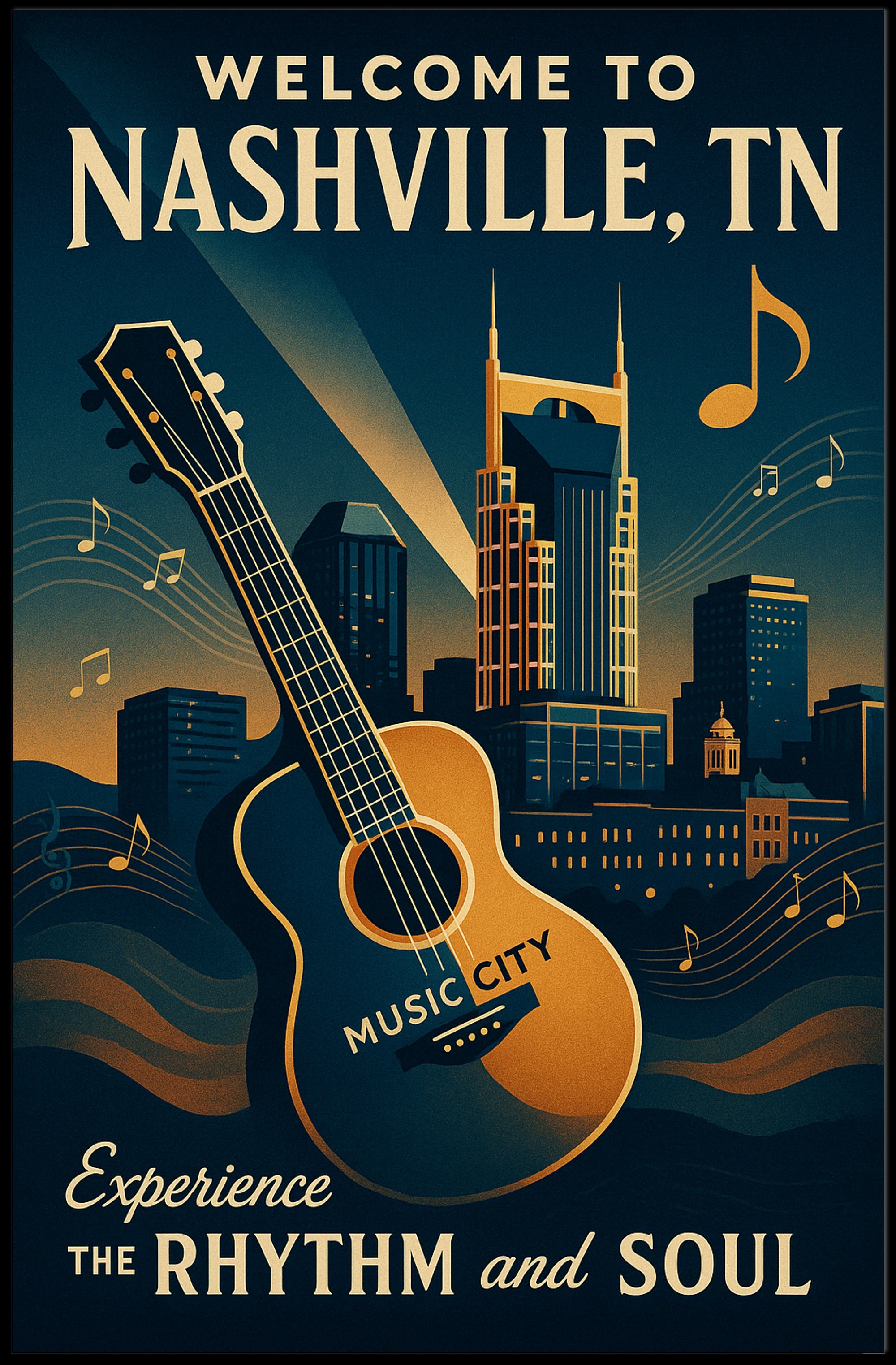 Nashville Music City Vintage Style Urban Cityscape Poster