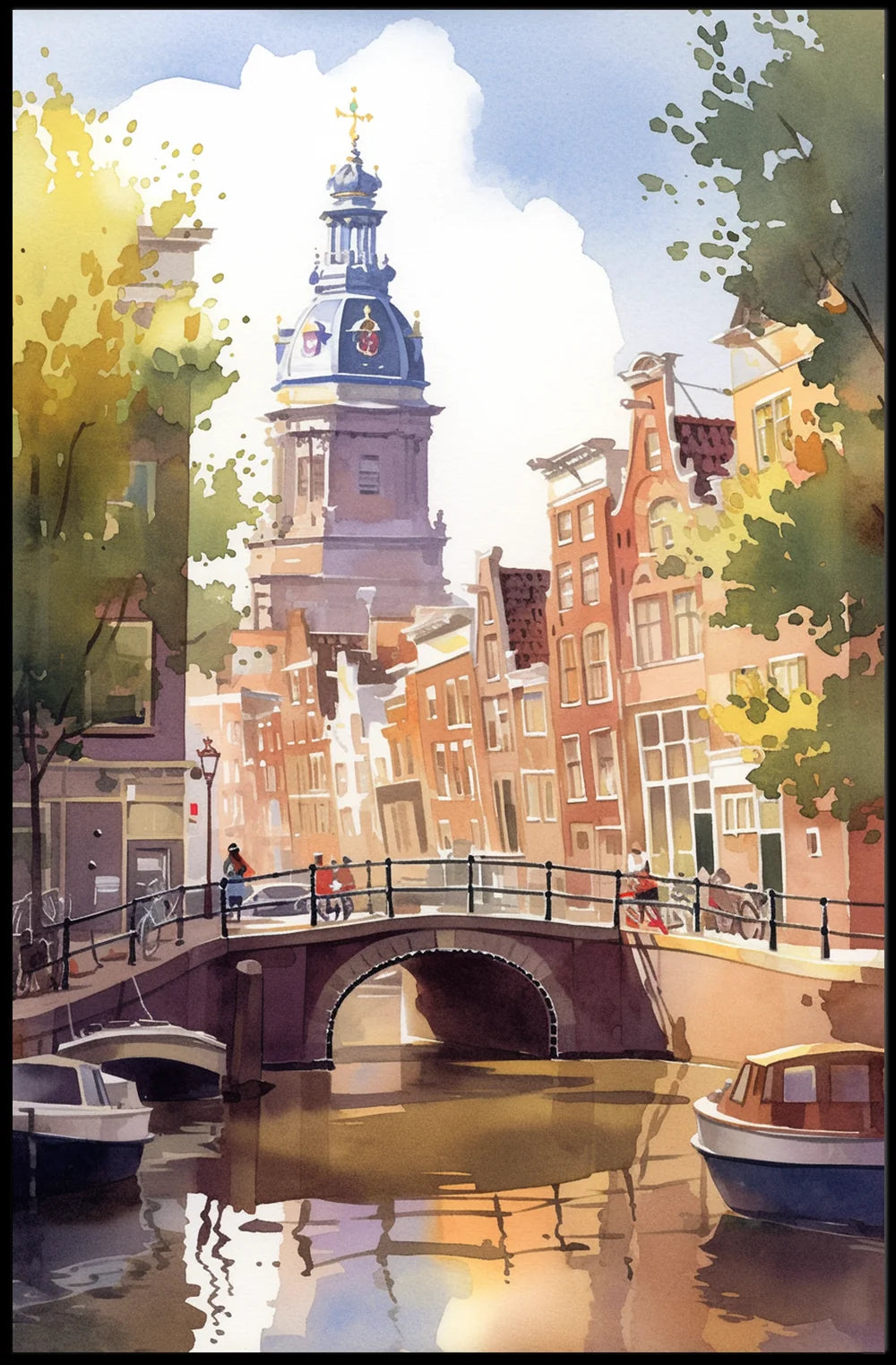 Amsterdam Canal Bridge Watercolor Poster: European Charm