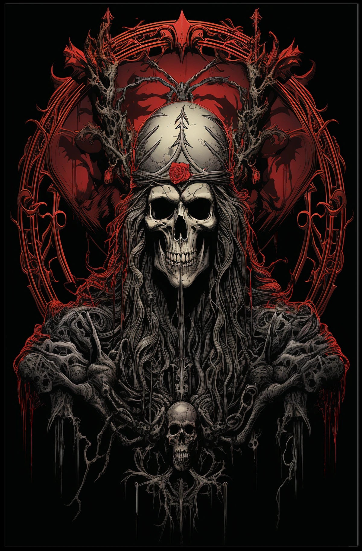 Gothic Skull Fantasy Art Poster with Red Rose