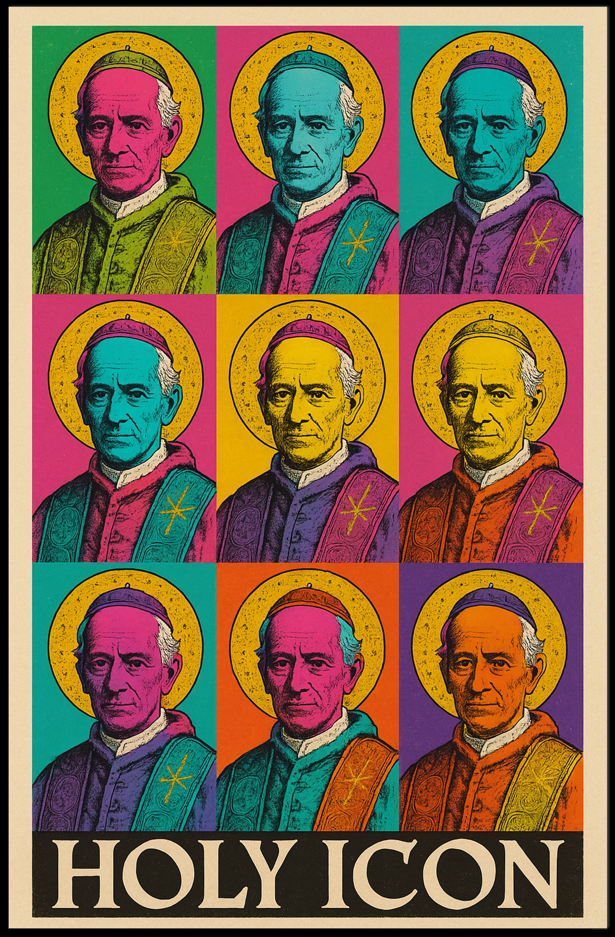 Pope Leo in Pop Art Style: Vibrant Religious Icon Poster