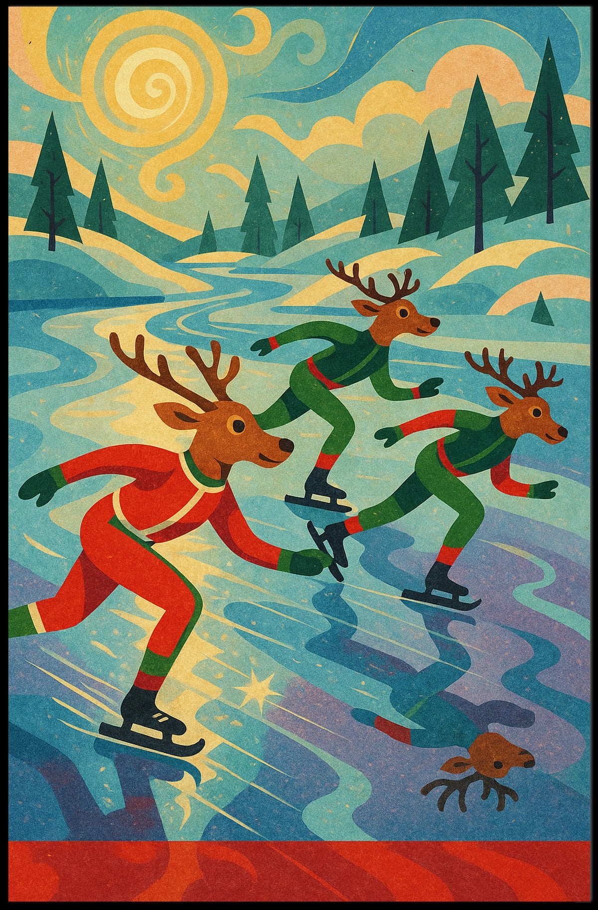 Whimsical Reindeer Skating Retro Art Poster