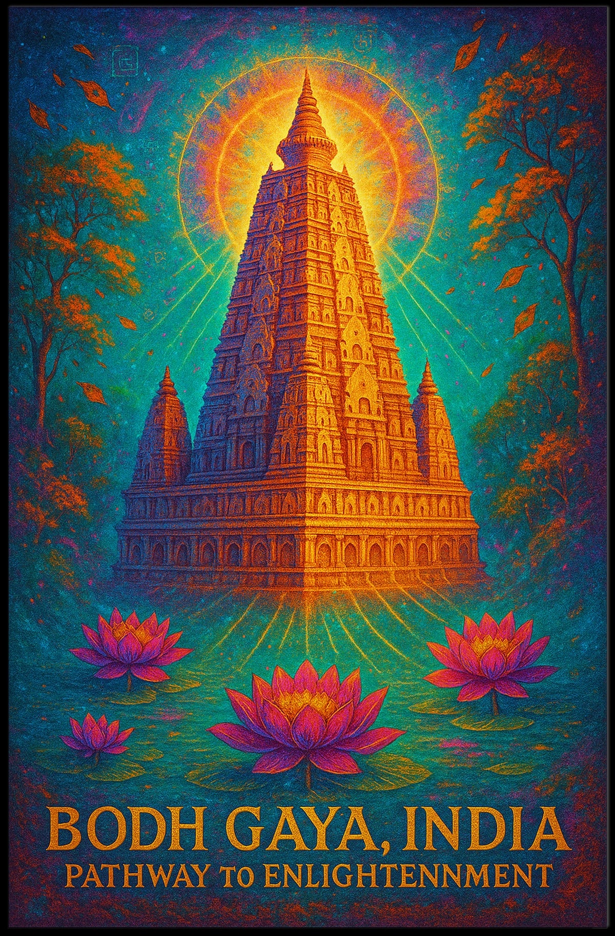 Bodh Gaya Spiritual Enlightenment Poster with Lotus Flowers