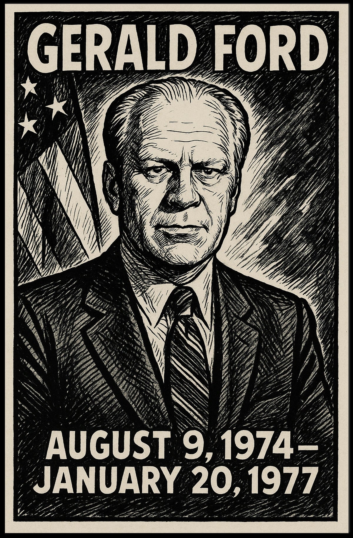 Gerald Ford 38th President of the United States B & W Comic Sketch Poster