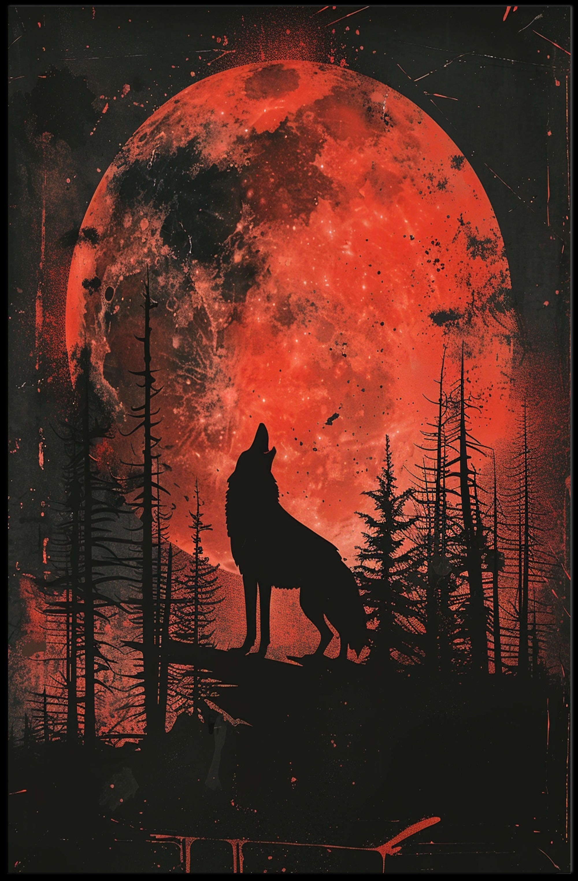 Howling Wolf Blood Moon Forest Art Poster PosterGoat