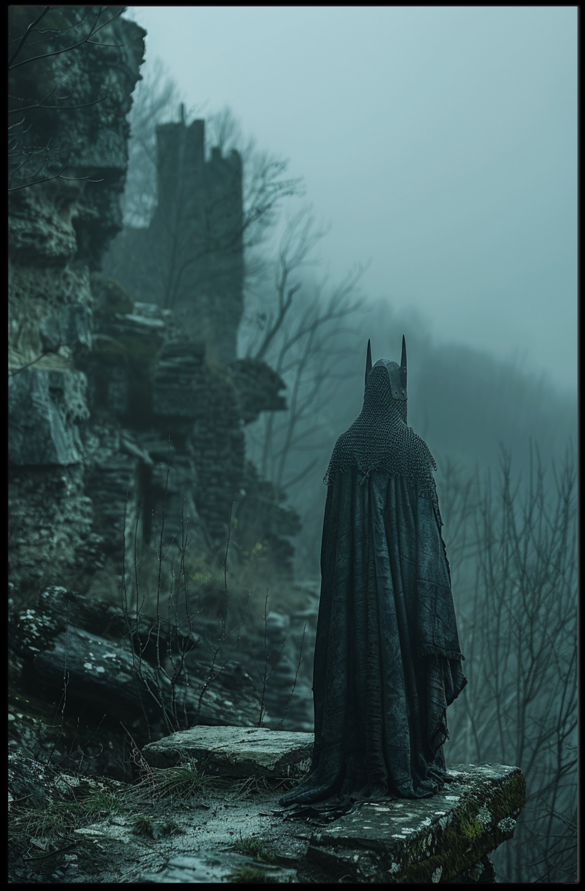 Dark Vigilante on Cliff in Fantasy or Mythology Poster PosterGoat