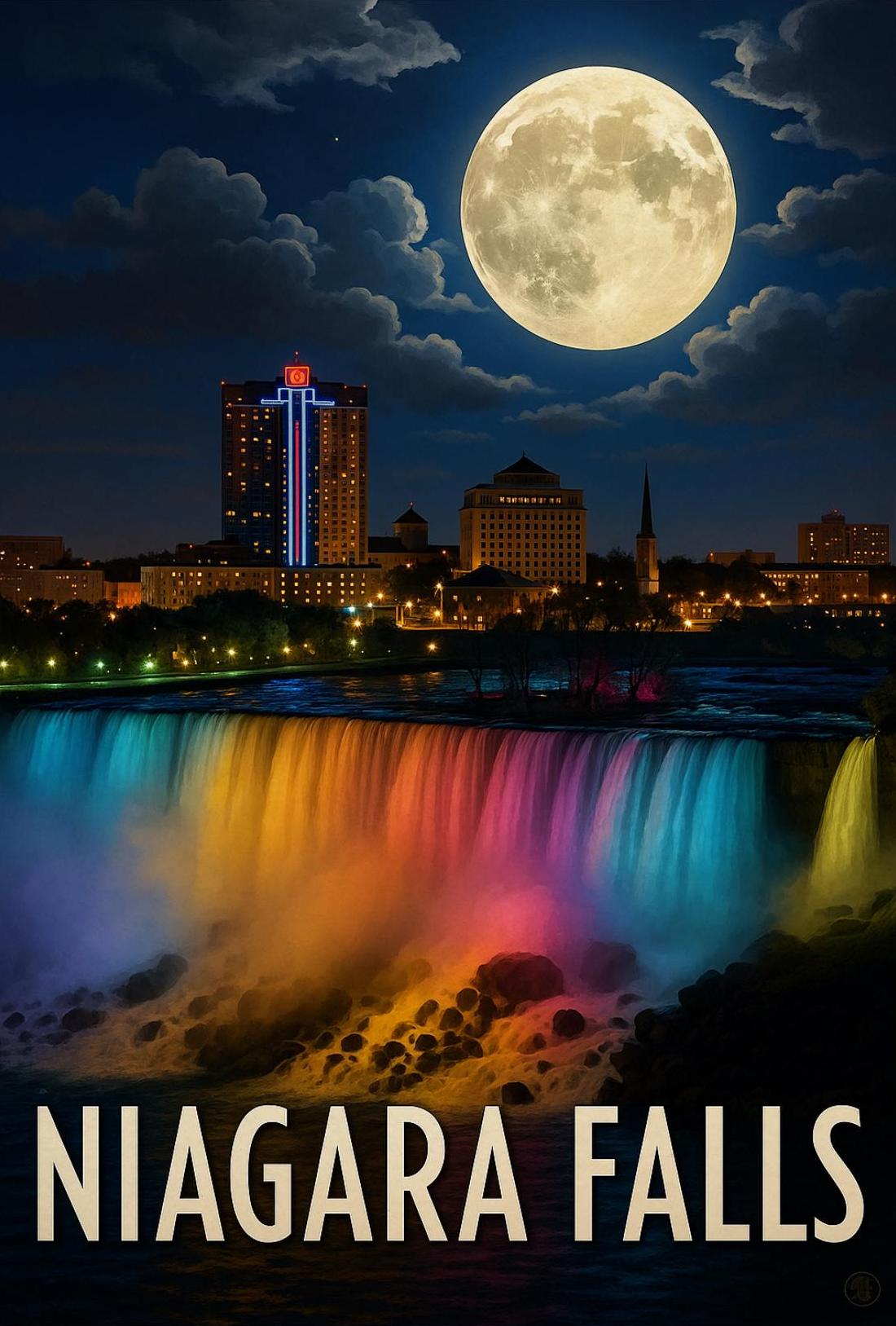 Niagara Falls Illuminated Nightscape Travel Poster