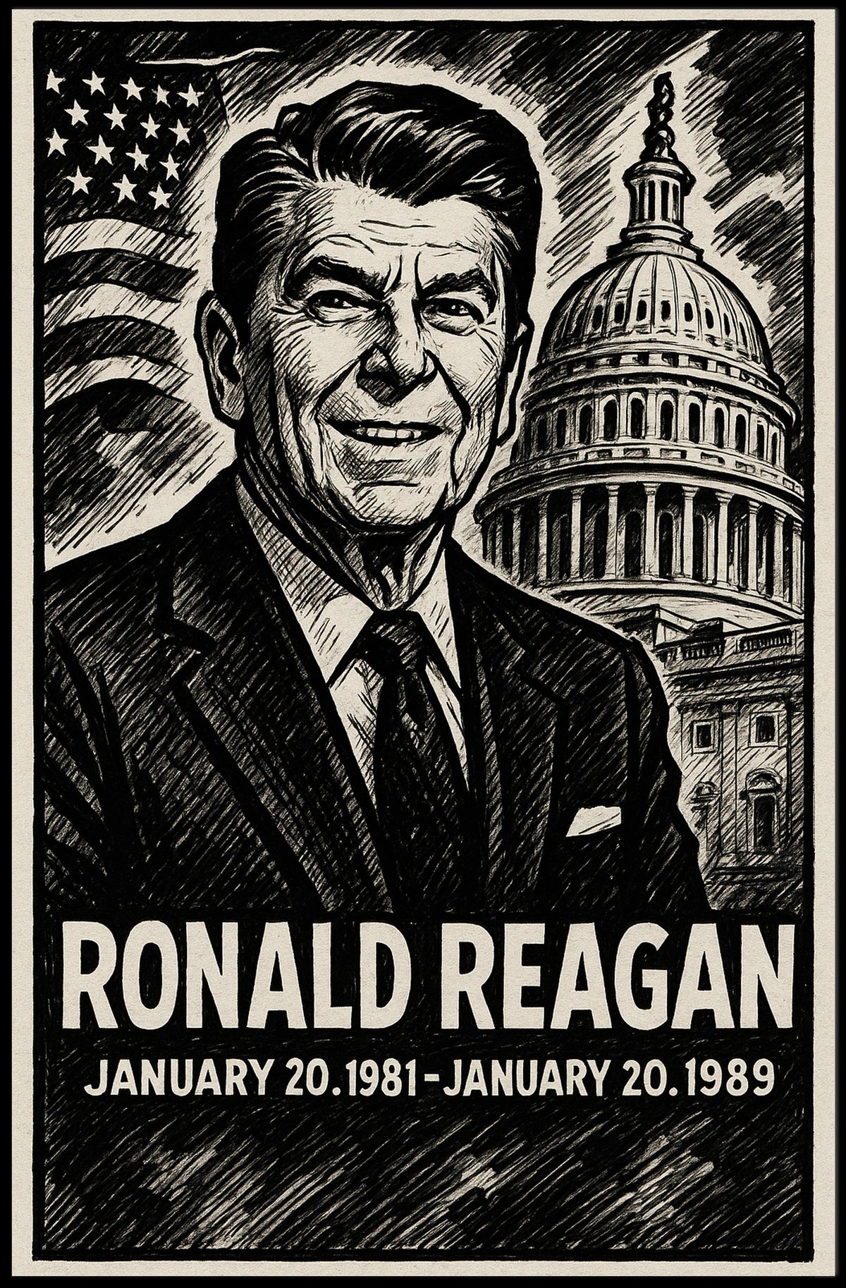 Ronald Reagan 40th President of the United States B & W Comic Sketch Poster