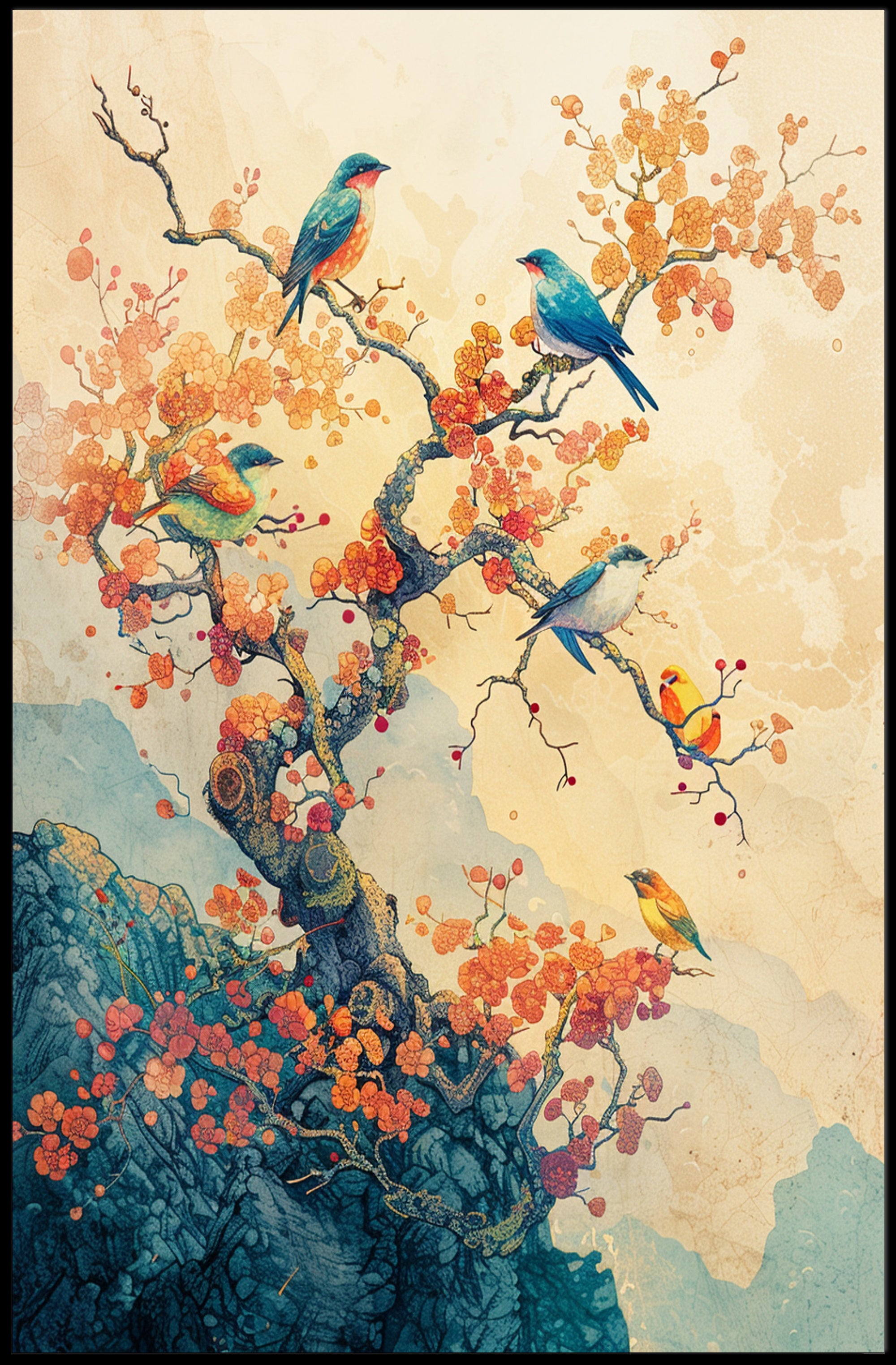 Serene Birds on Blossoming Tree Art Poster PosterGoat