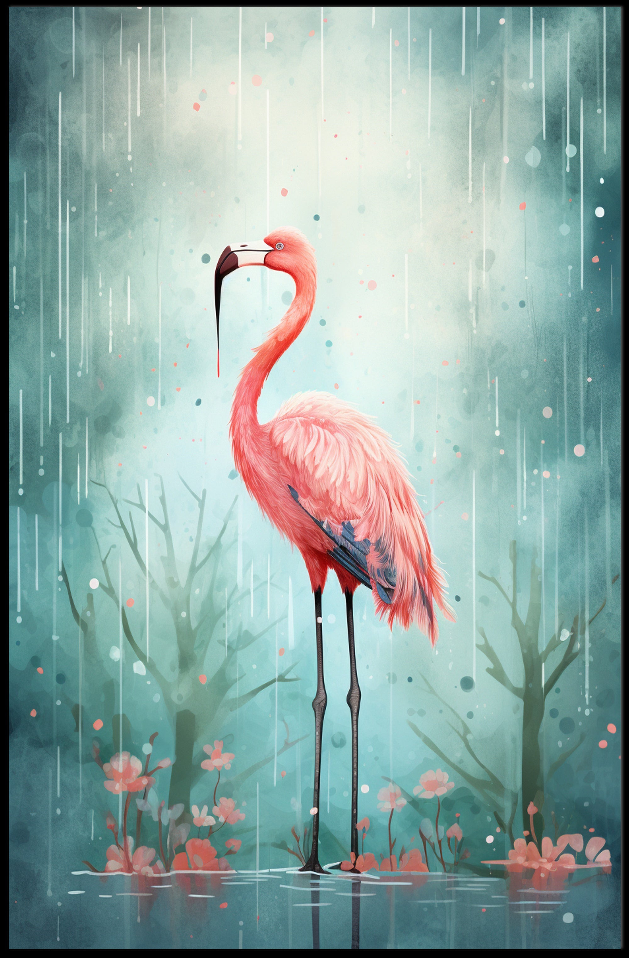 Flamingo In The Rain Poster