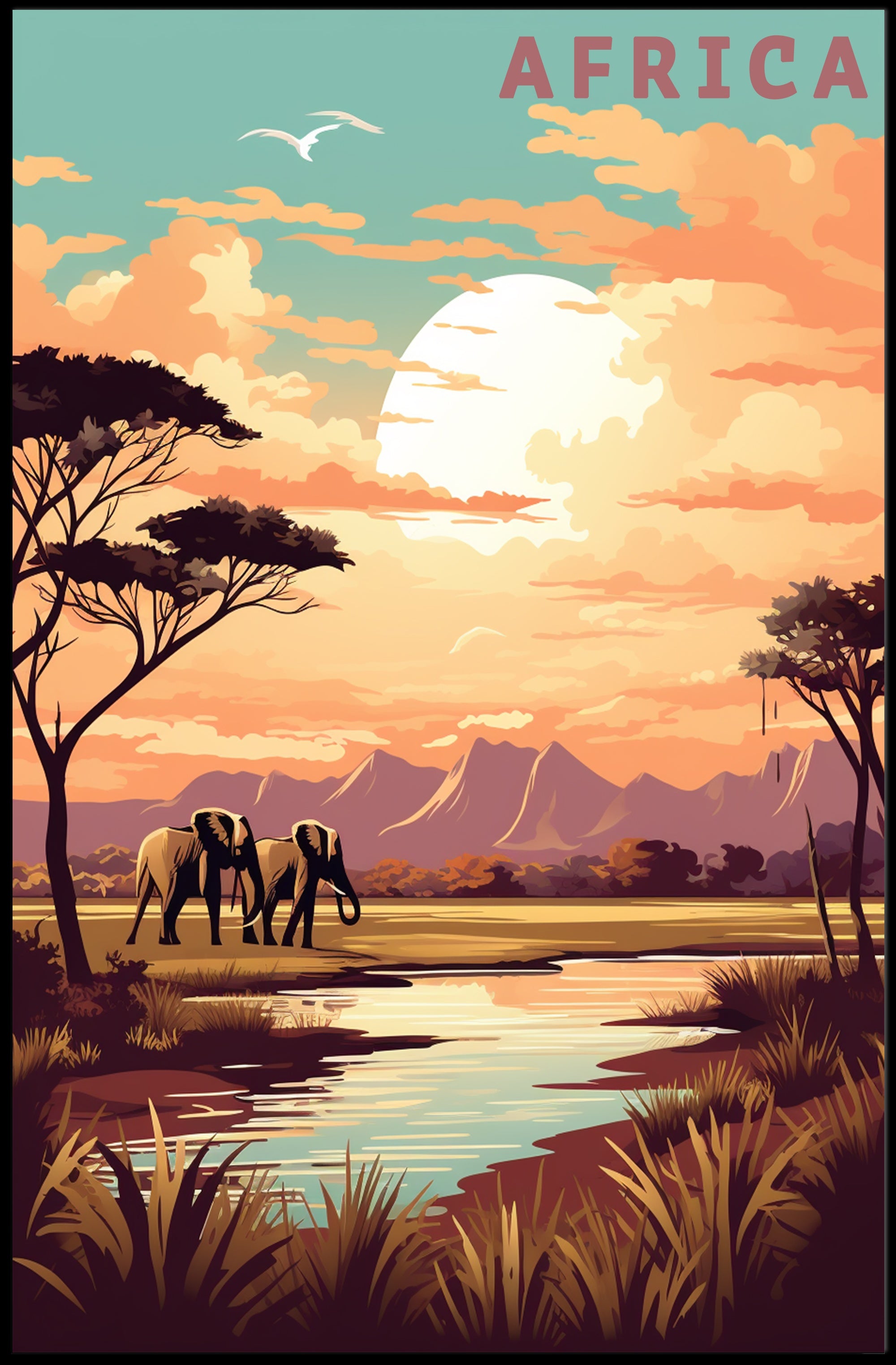 Vibrant Elephants in African Savanna Travel Poster
