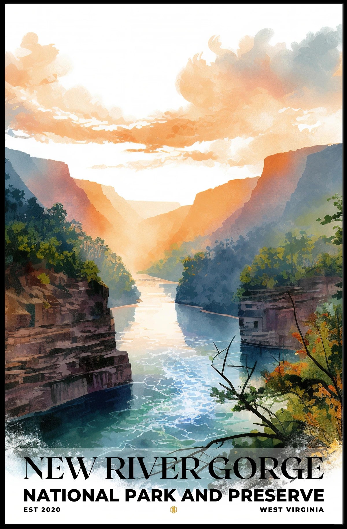 New River Gorge Watercolor Wall Art Poster