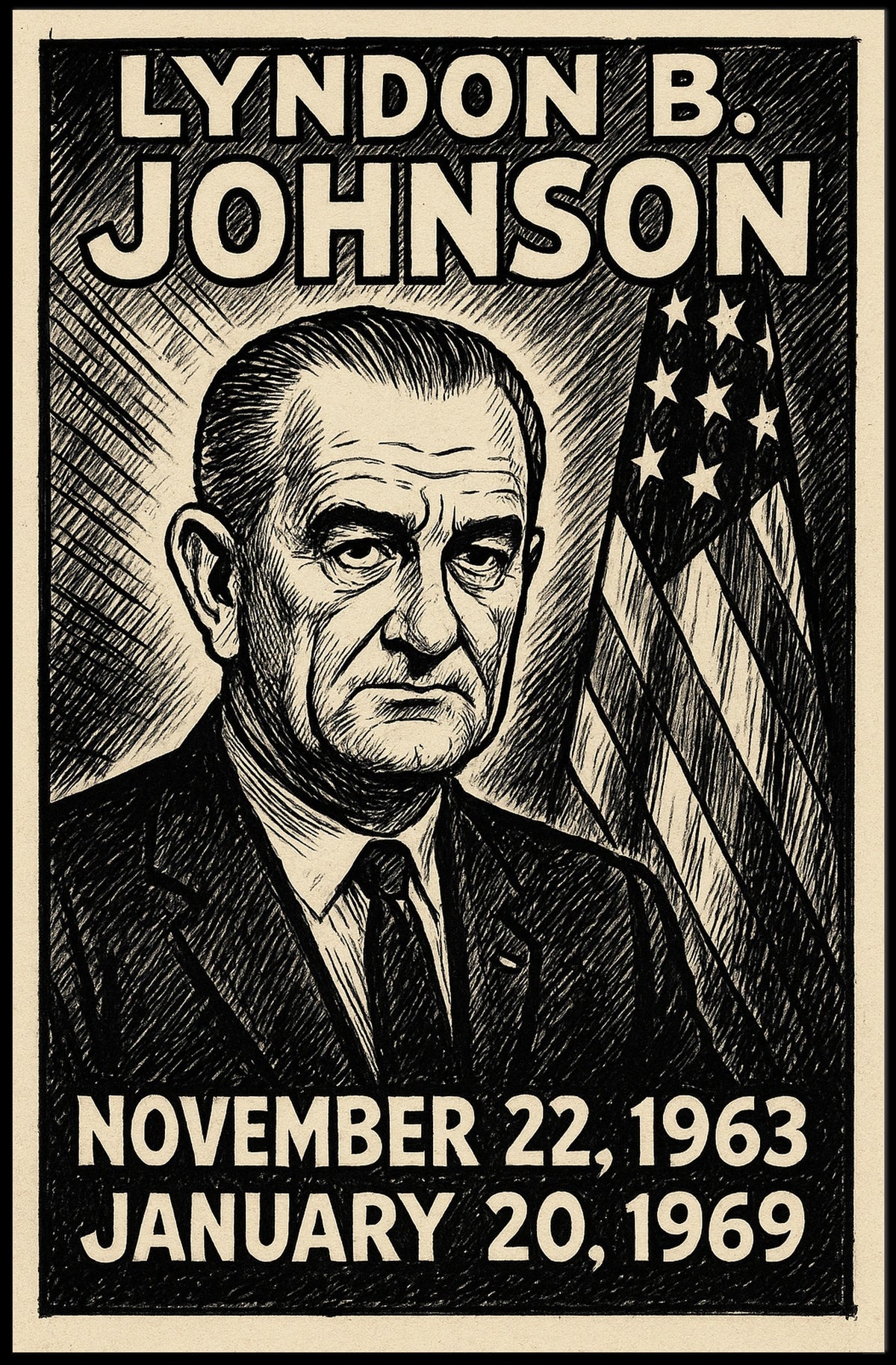 Lyndon B. Johnson 36th President of the United States B & W Comic Sketch Poster