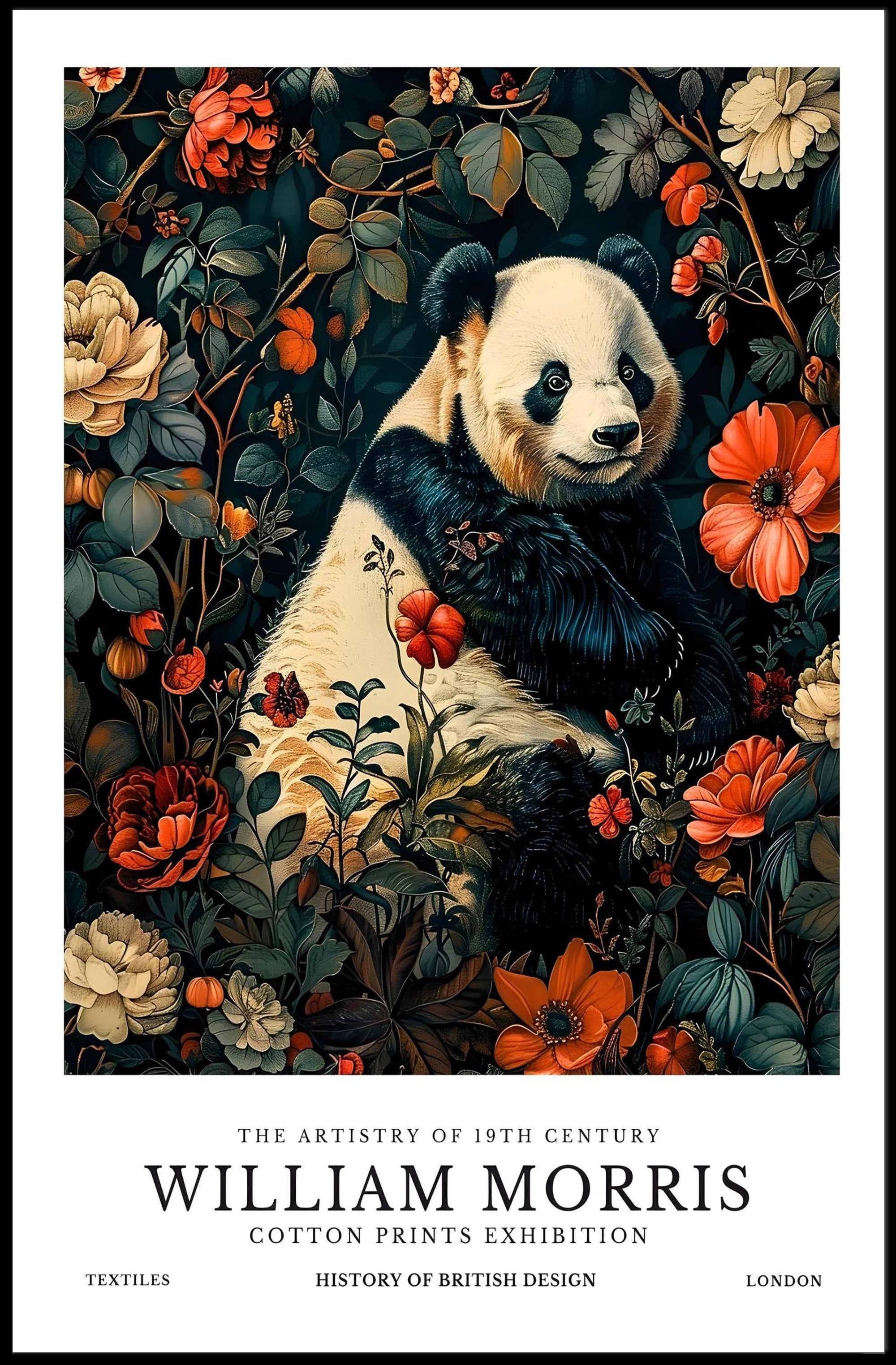 Elegant Panda Among Flowers Victorian Heritage Poster