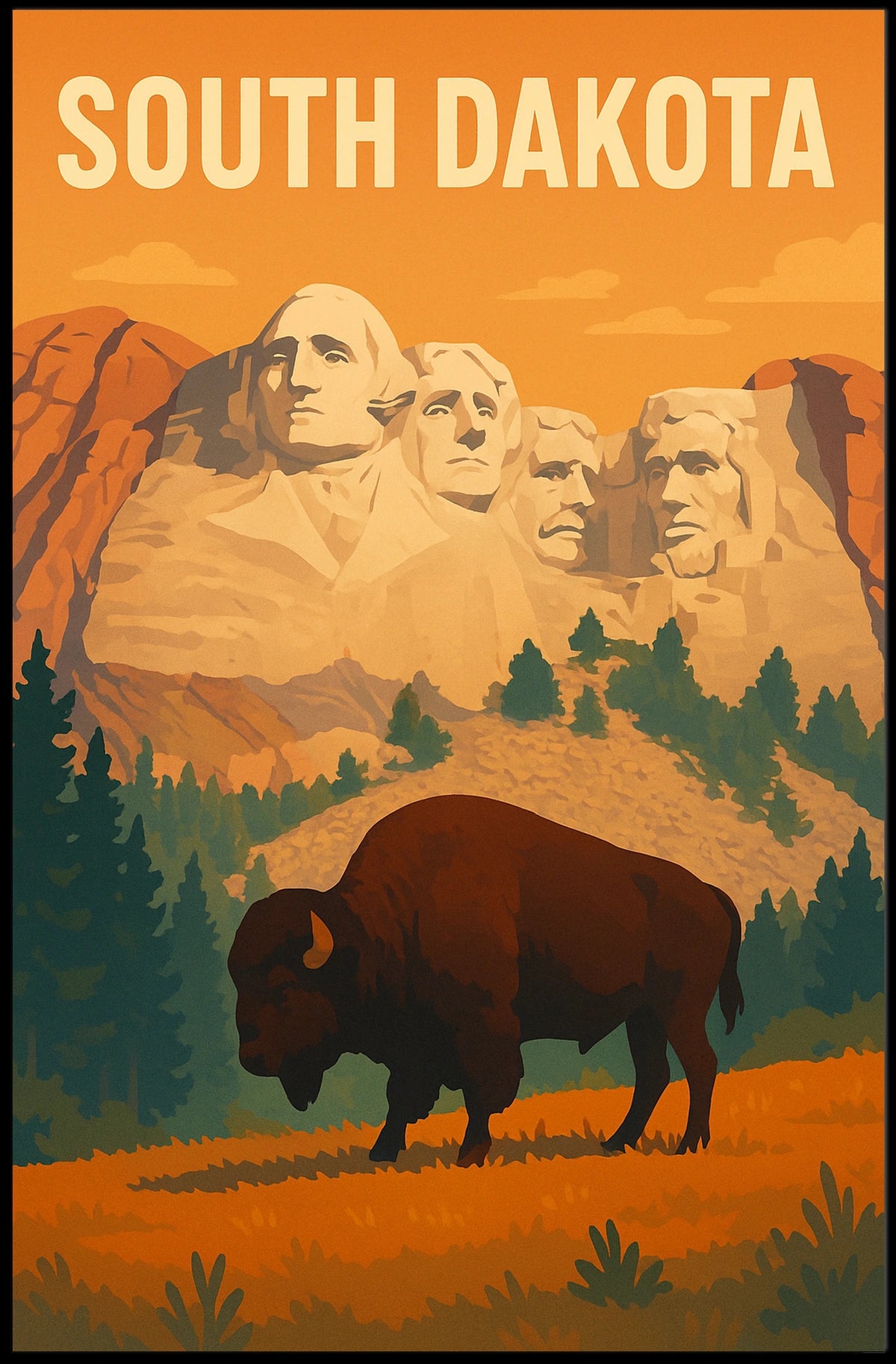 South Dakota Mount Rushmore And Bison Poster