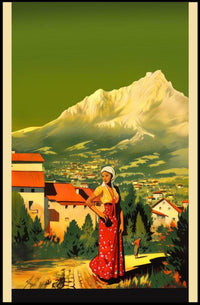 Serene Mountain Village with Traditional Attire Poster