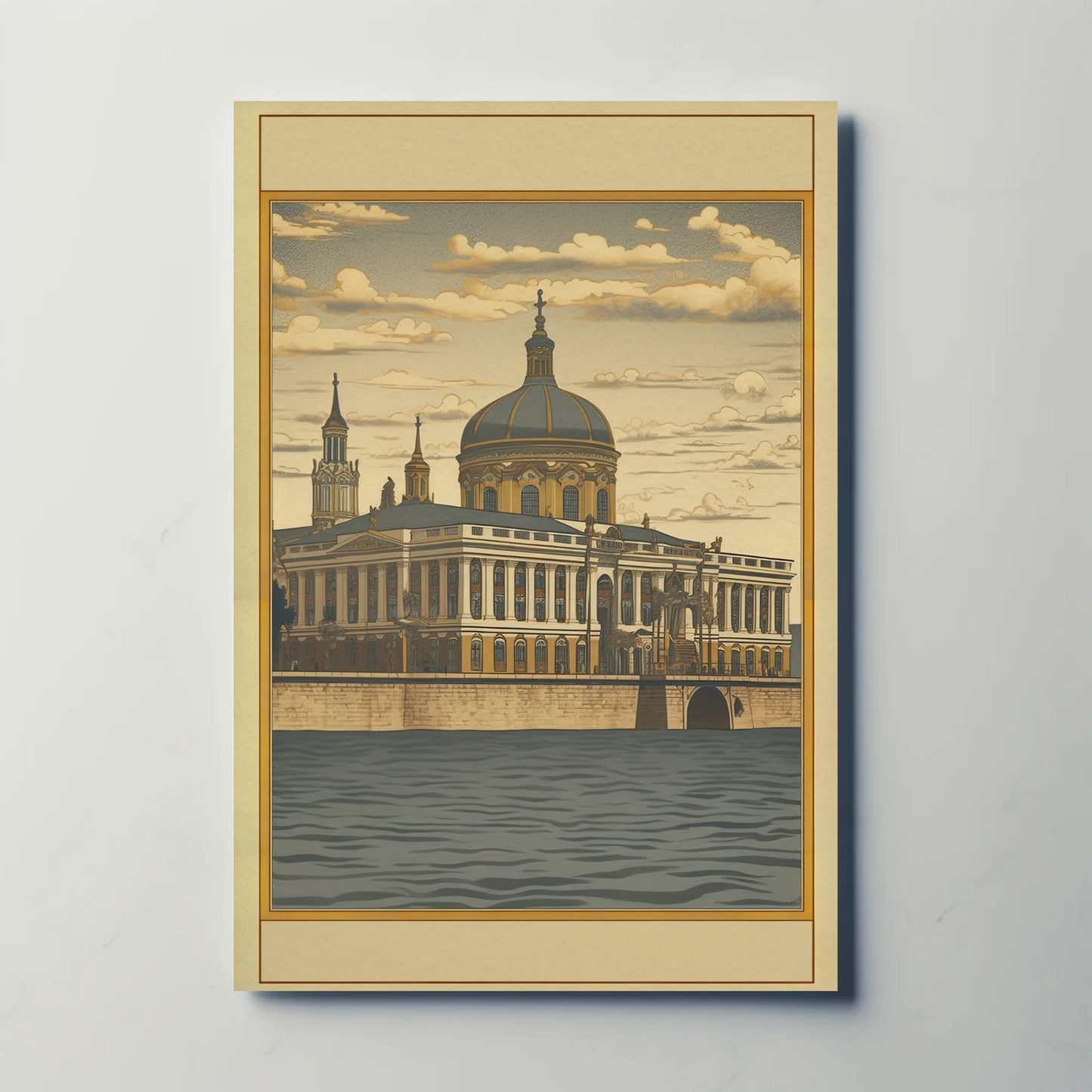 European Riverfront Baroque Palace Travel Poster