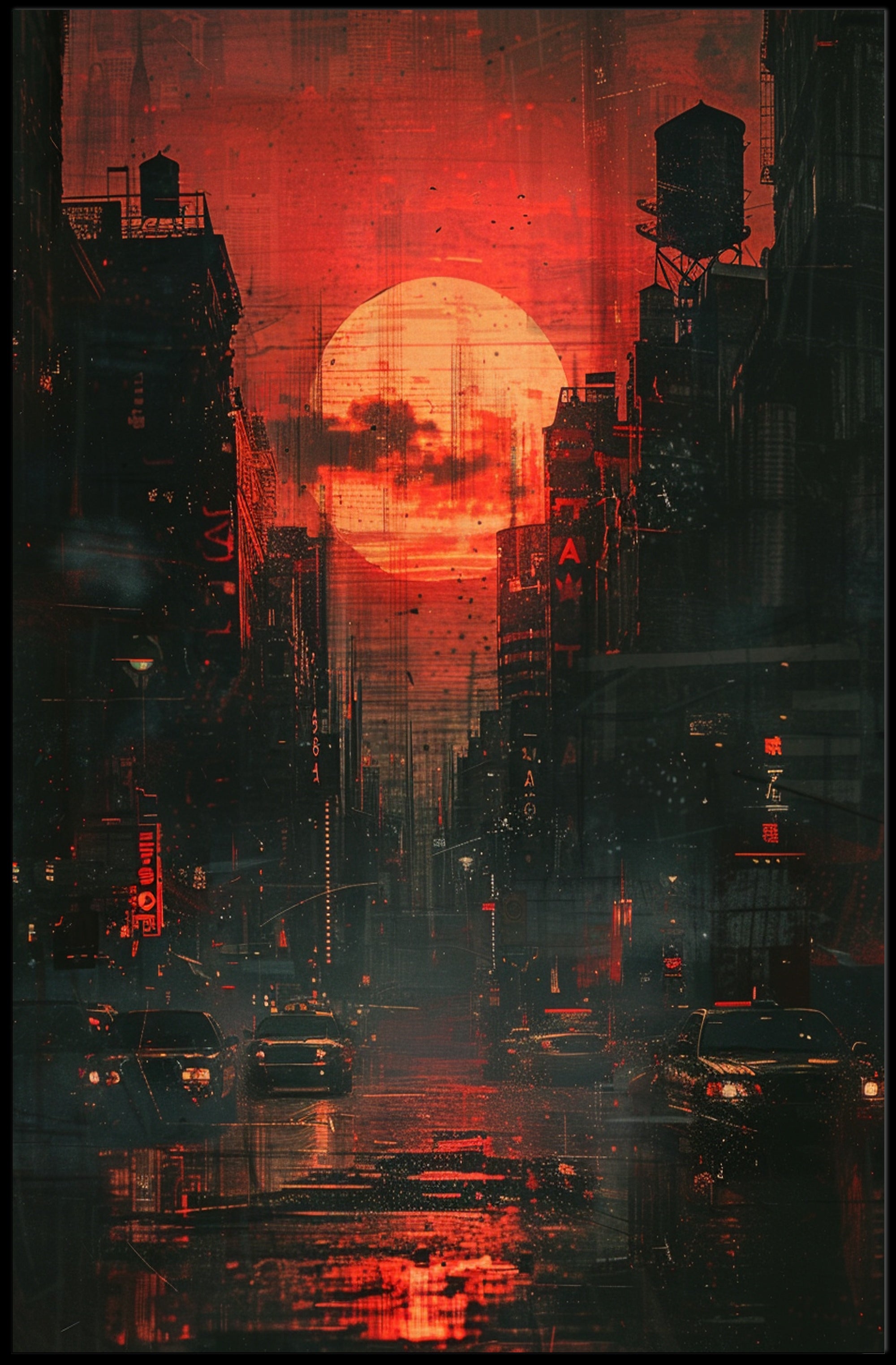 Striking Urban Dusk Cityscape with Cyberpunk Vibes Poster PosterGoat