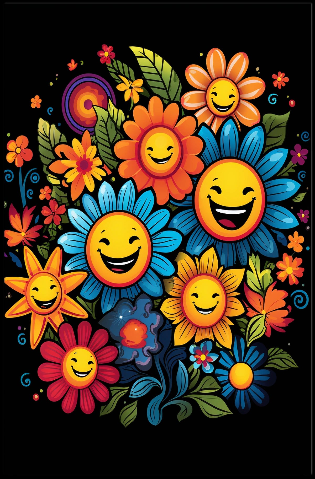 Joyful Floral Faces: Whimsical Art Poster Print
