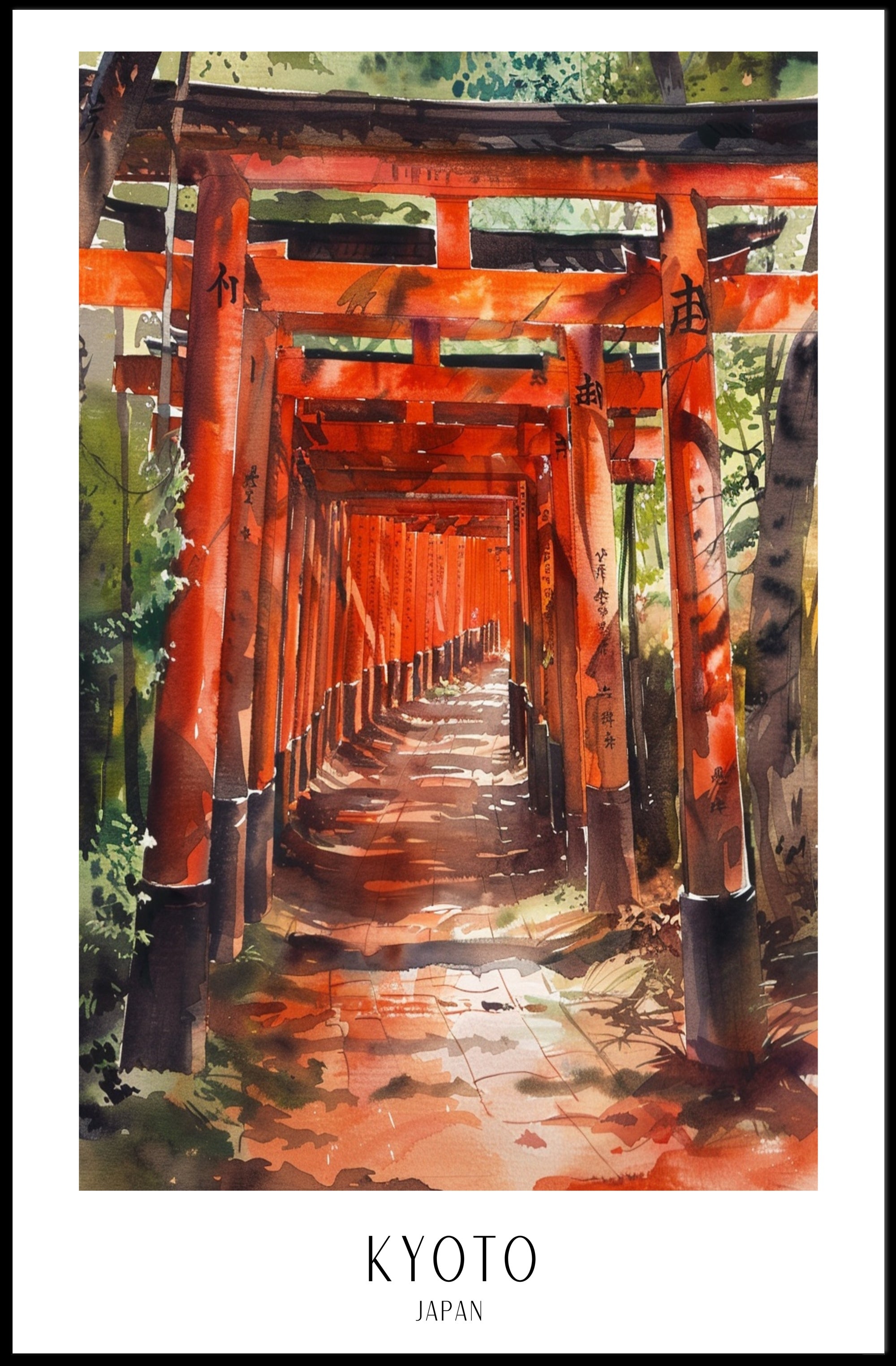 Kyoto Torii Gates Watercolor Cultural or Heritage Poster PosterGoat