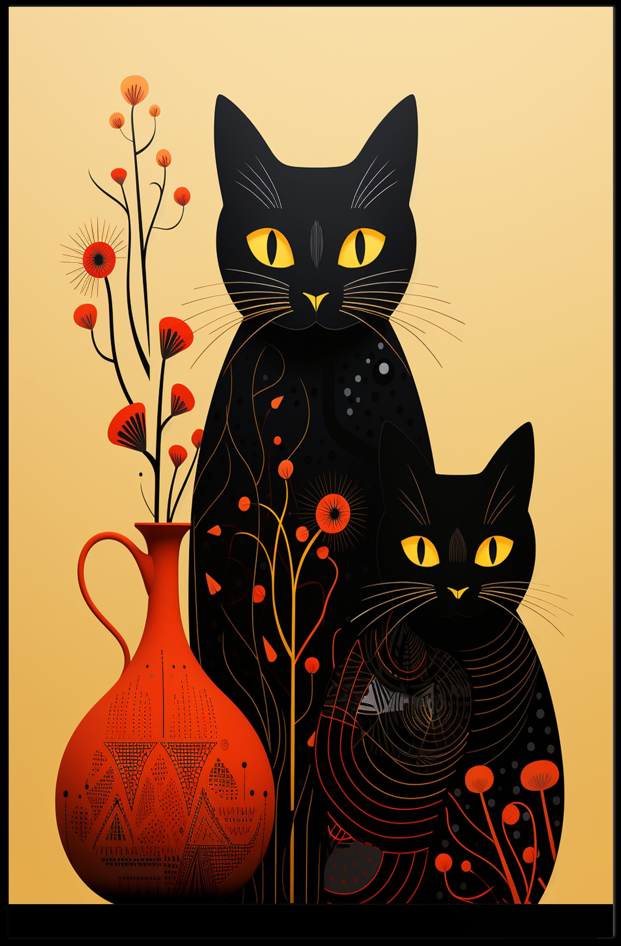 Enigmatic Felines And Floral Harmony Poster