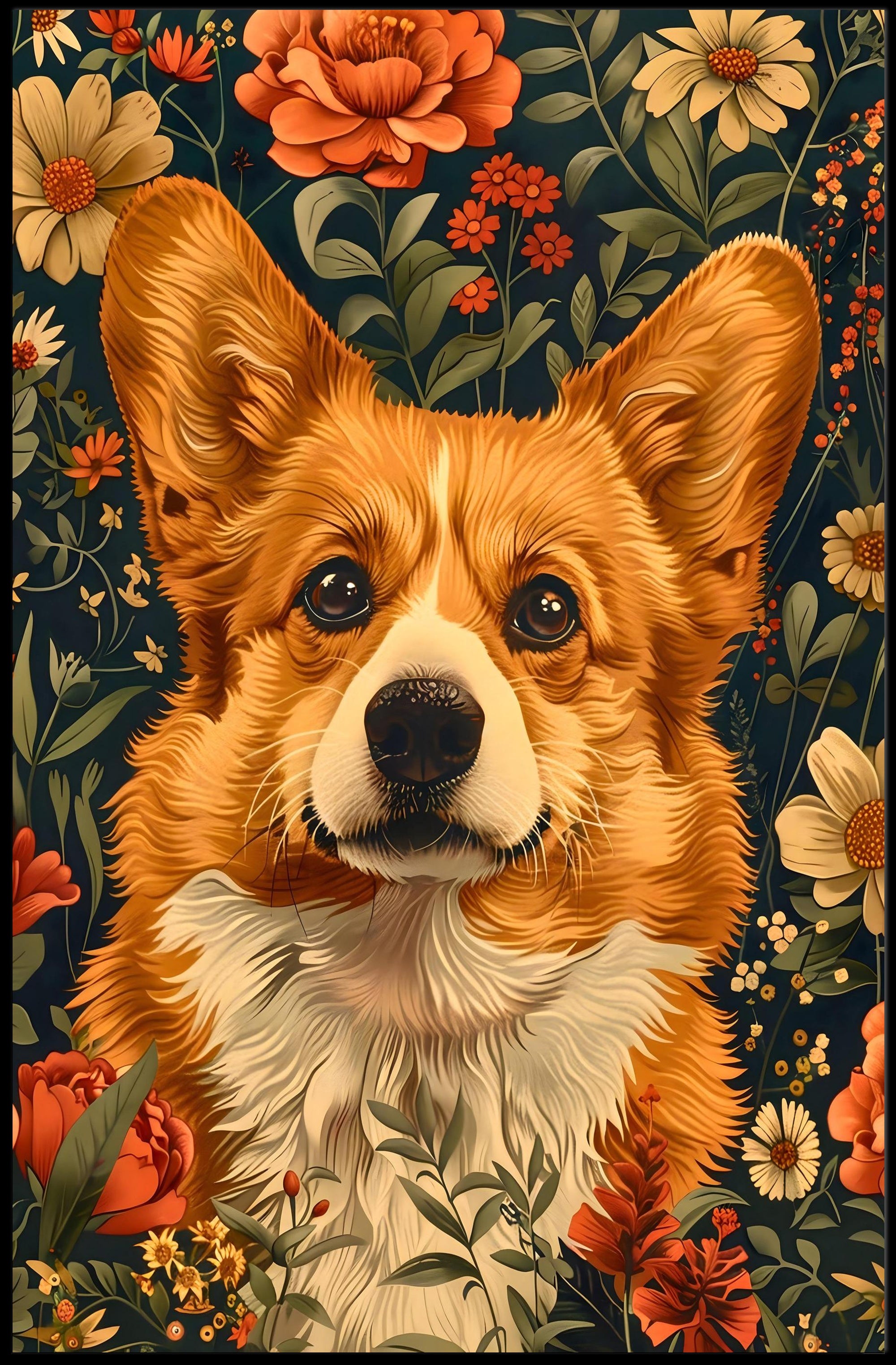 Floral Corgi Delight Wall Art Print