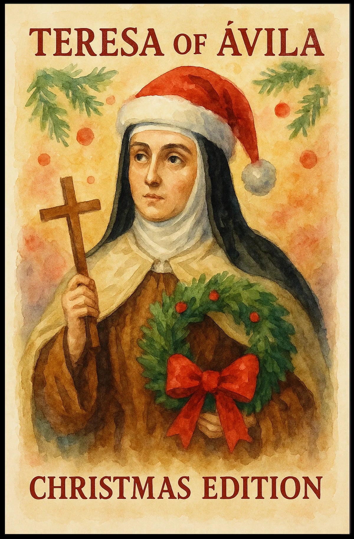 Festive Nun Artistic Poster with Christmas and Religious Elements