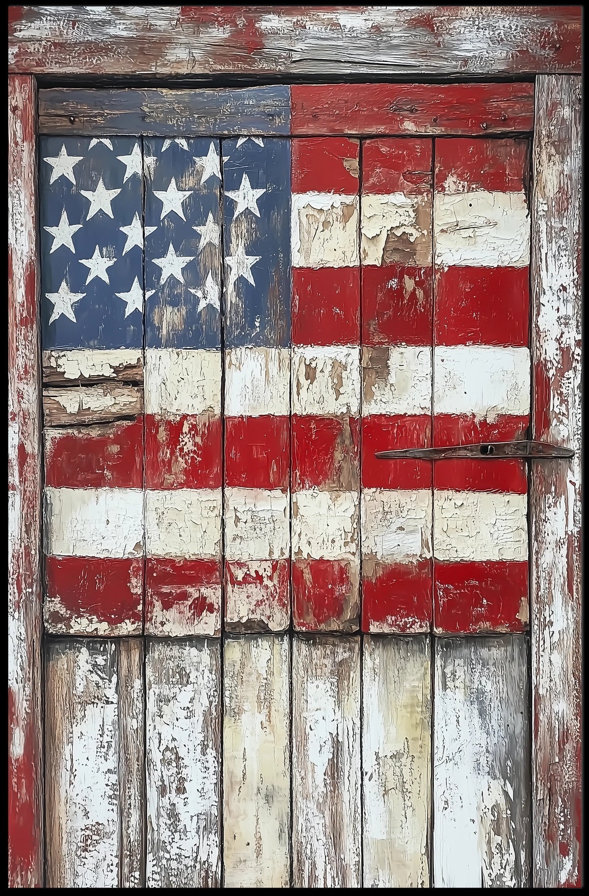 wooden barn door with faded American flag Poster