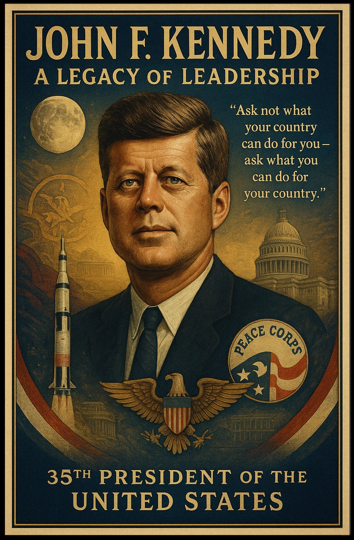 JFK Legacy Patriotic Leadership Vintage Art Poster