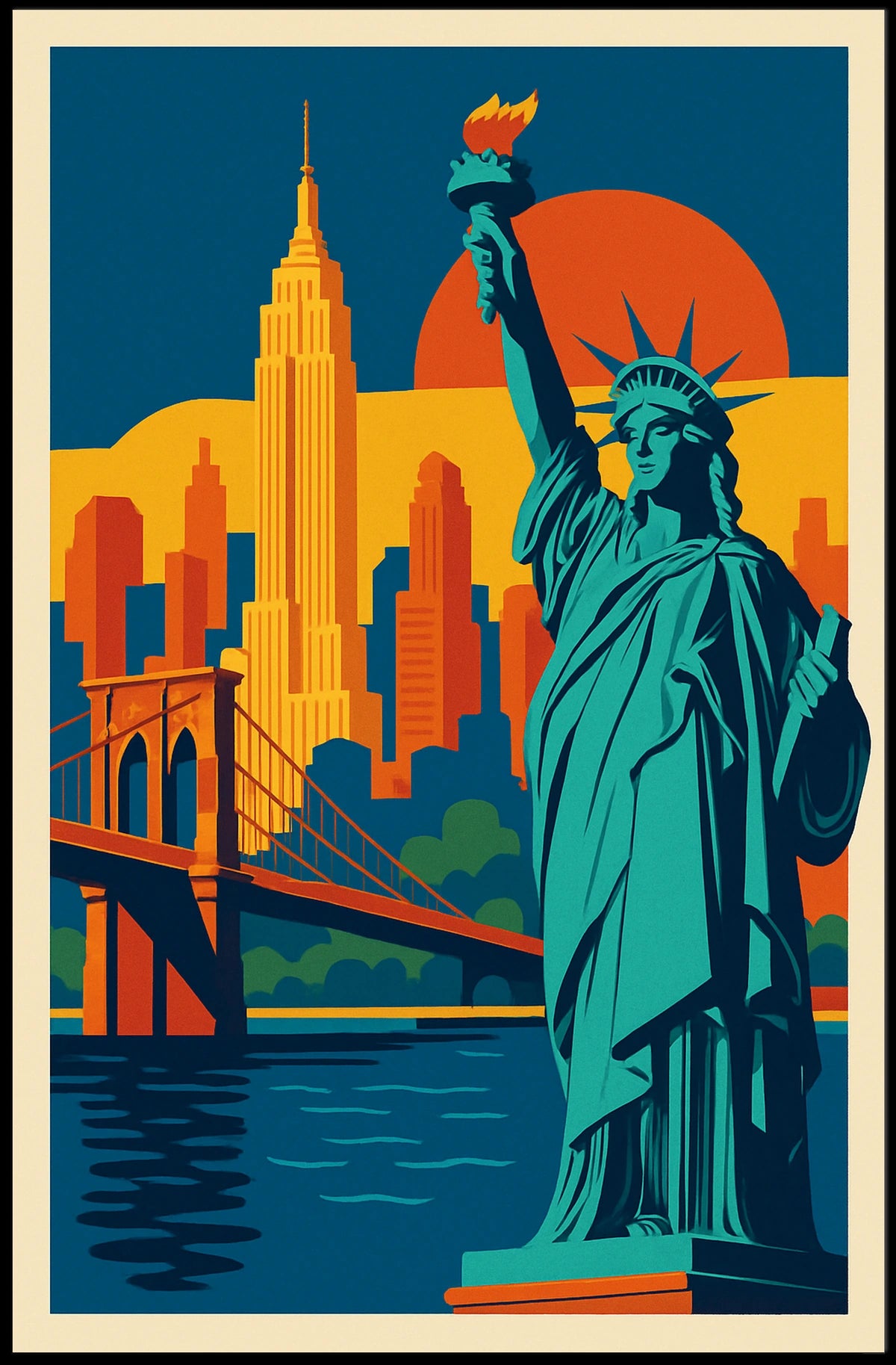 New York City Poster Retro Travel Skyline Wall Art
