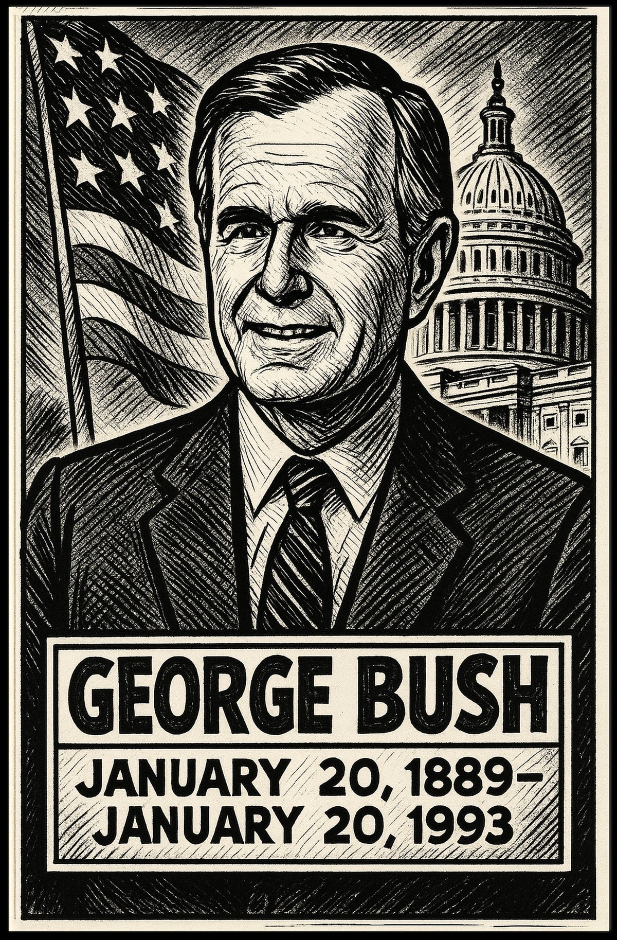 George H. W. Bush 41st President of the United States B & W Comic Sketch Poster