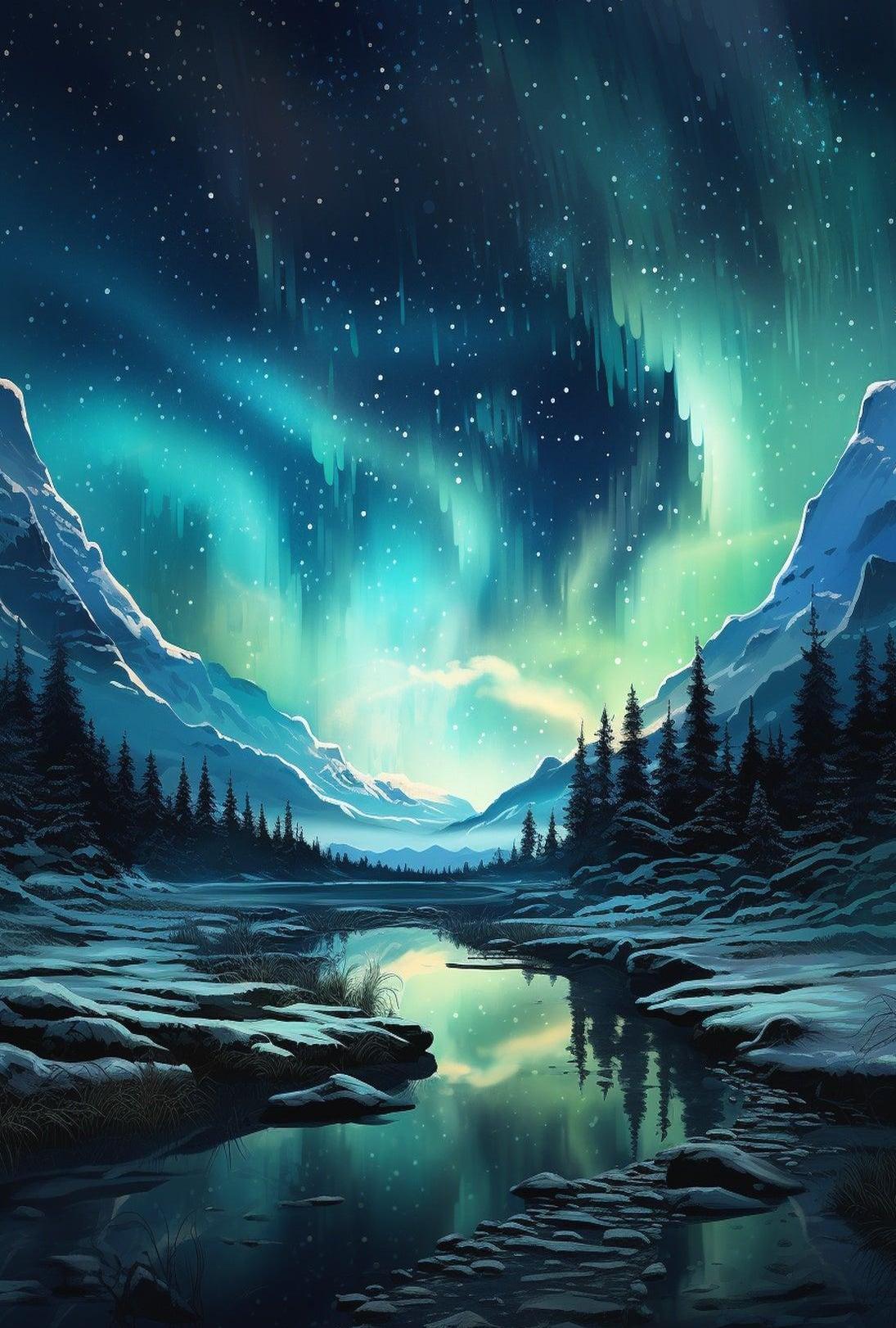 Serene Aurora Borealis Winter Landscape National Park Poster