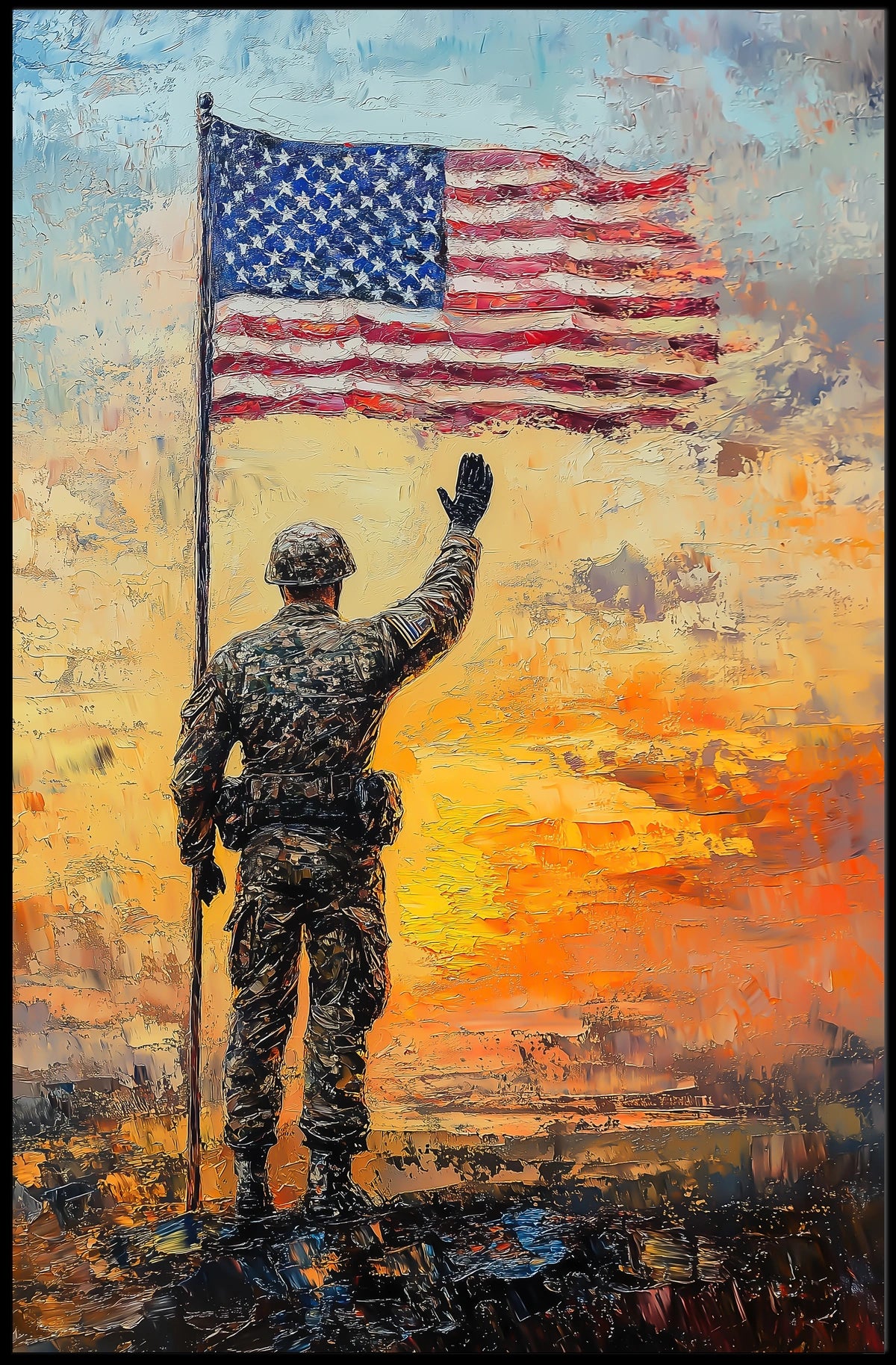 soldier saluting the American flag at sunrise Poster