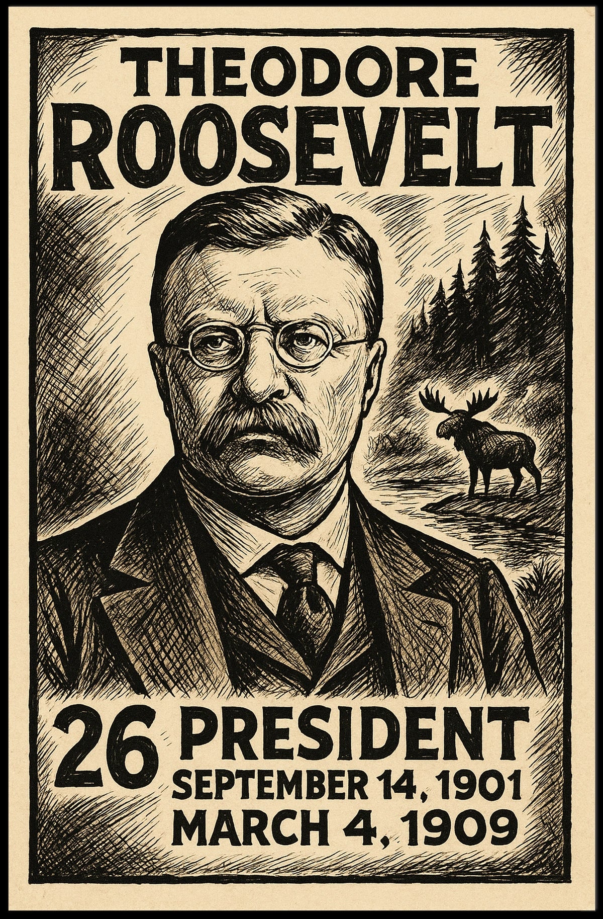 Theodore Roosevelt 26th President of the United States B & W Comic Sketch Poster
