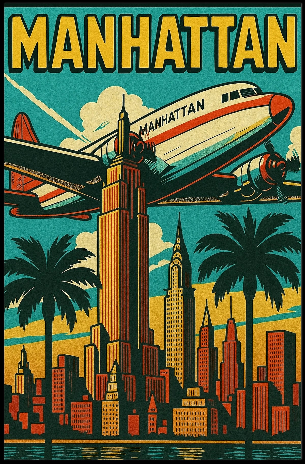 Vibrant Manhattan Skyline Art-Deco Travel Poster