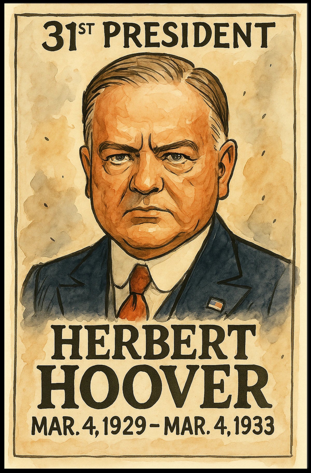Herbert Hoover 31st President of the United States Exaggerated Cartoon Sketch Poster