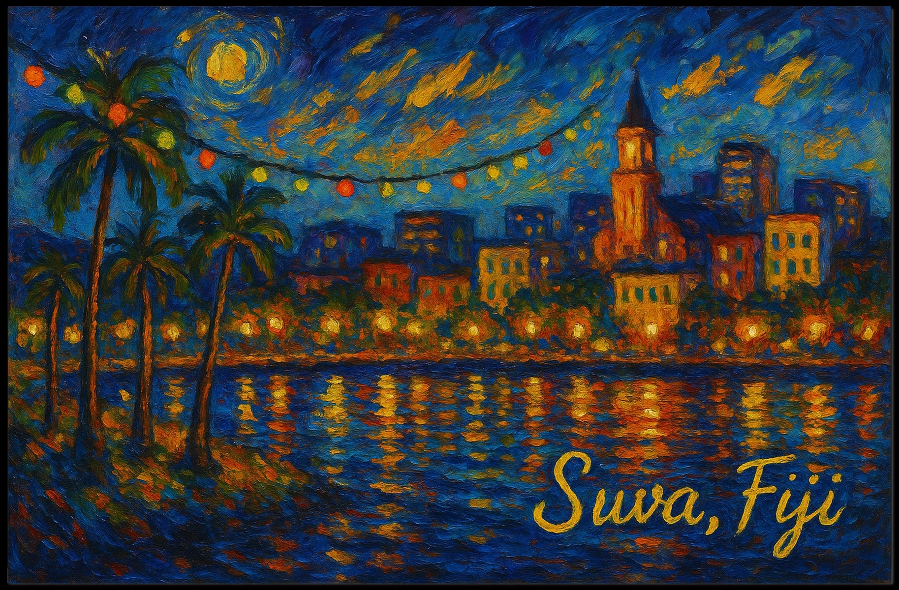 Suva Fiji Nighttime Island Cityscape Impressionism Digital Painting Wanderlust Decor Poster
