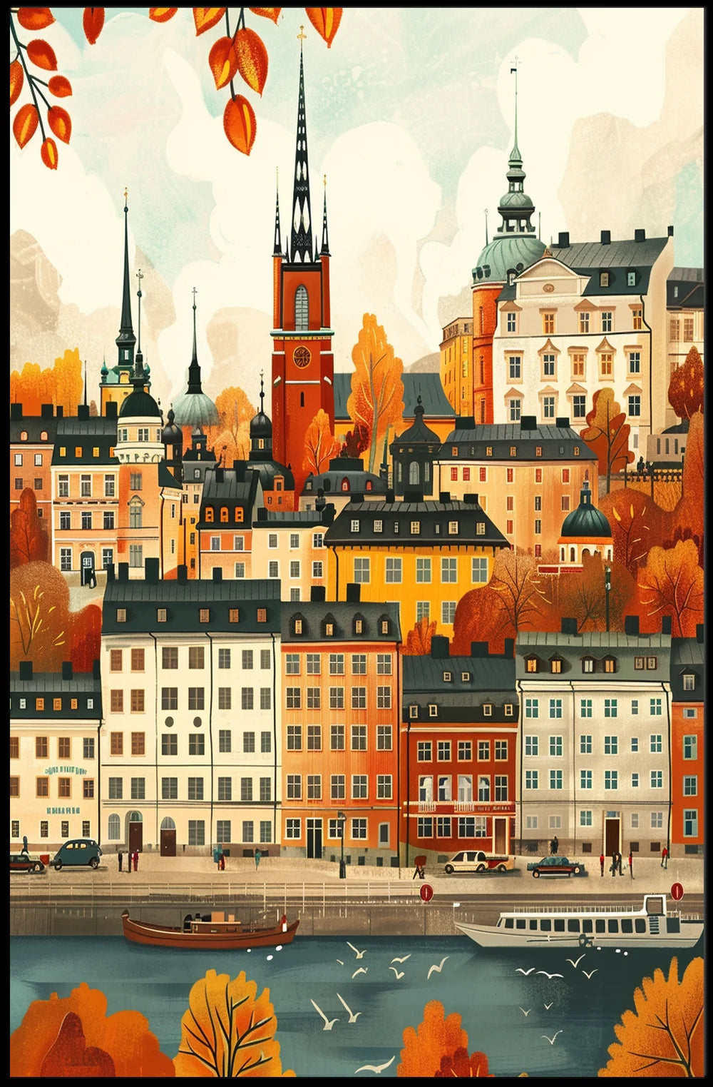 European Cityscape Poster: Stockholm Autumn Waterfront Scene