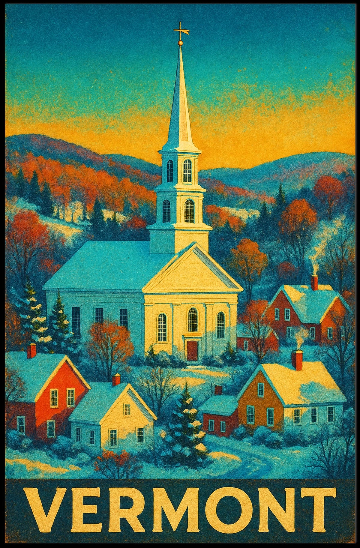 Winter Village in Vermont: Vintage Travel Poster