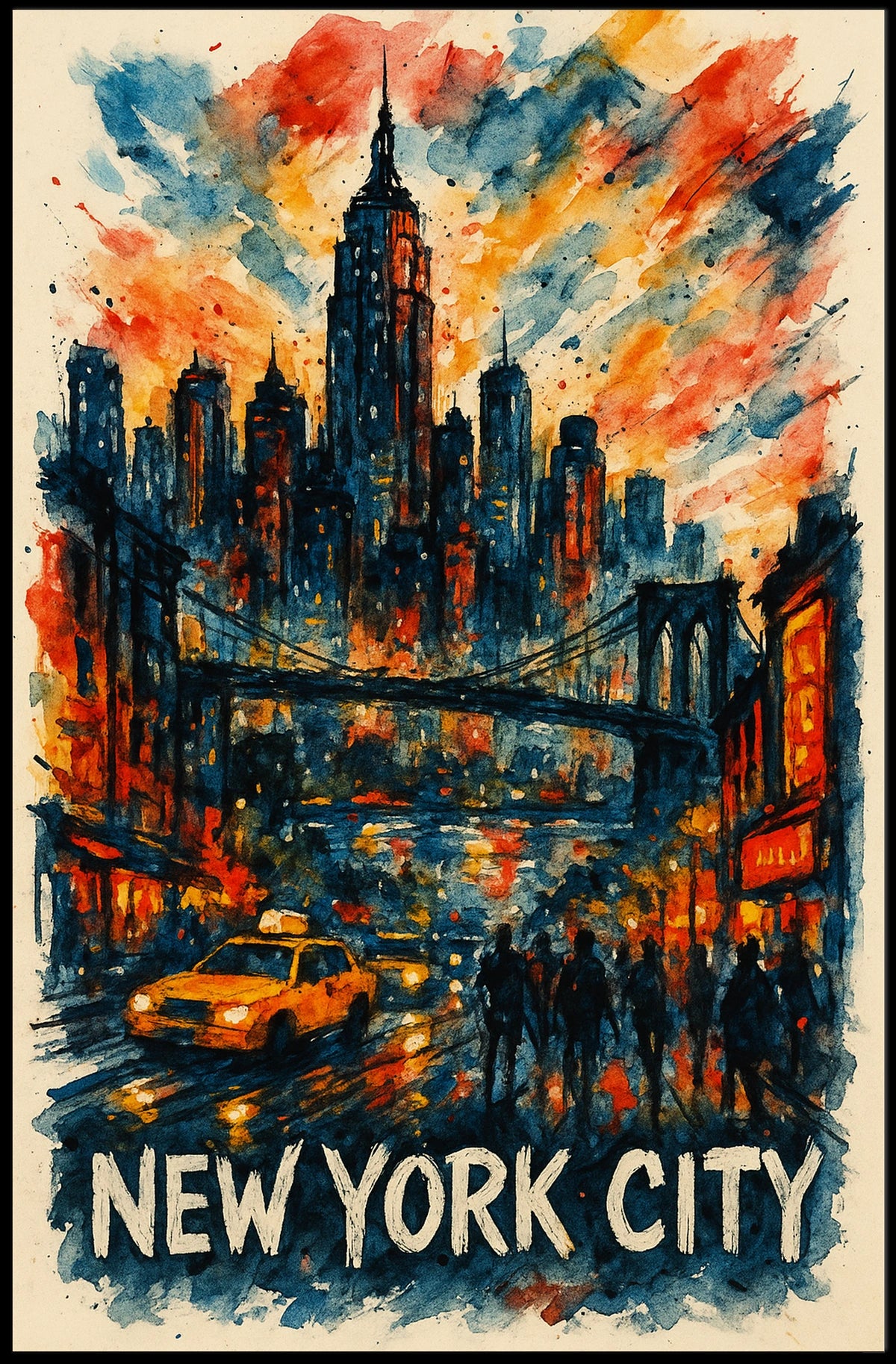 New York City Skyline Watercolor Poster Abstract Wall Art