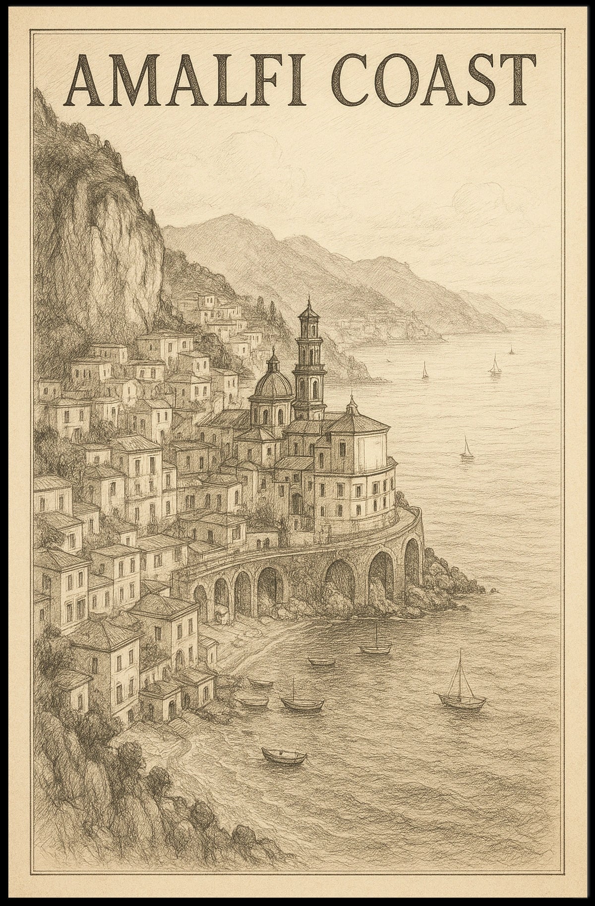 Amalfi Coast Illustration Poster Wall Art Decor 18x24