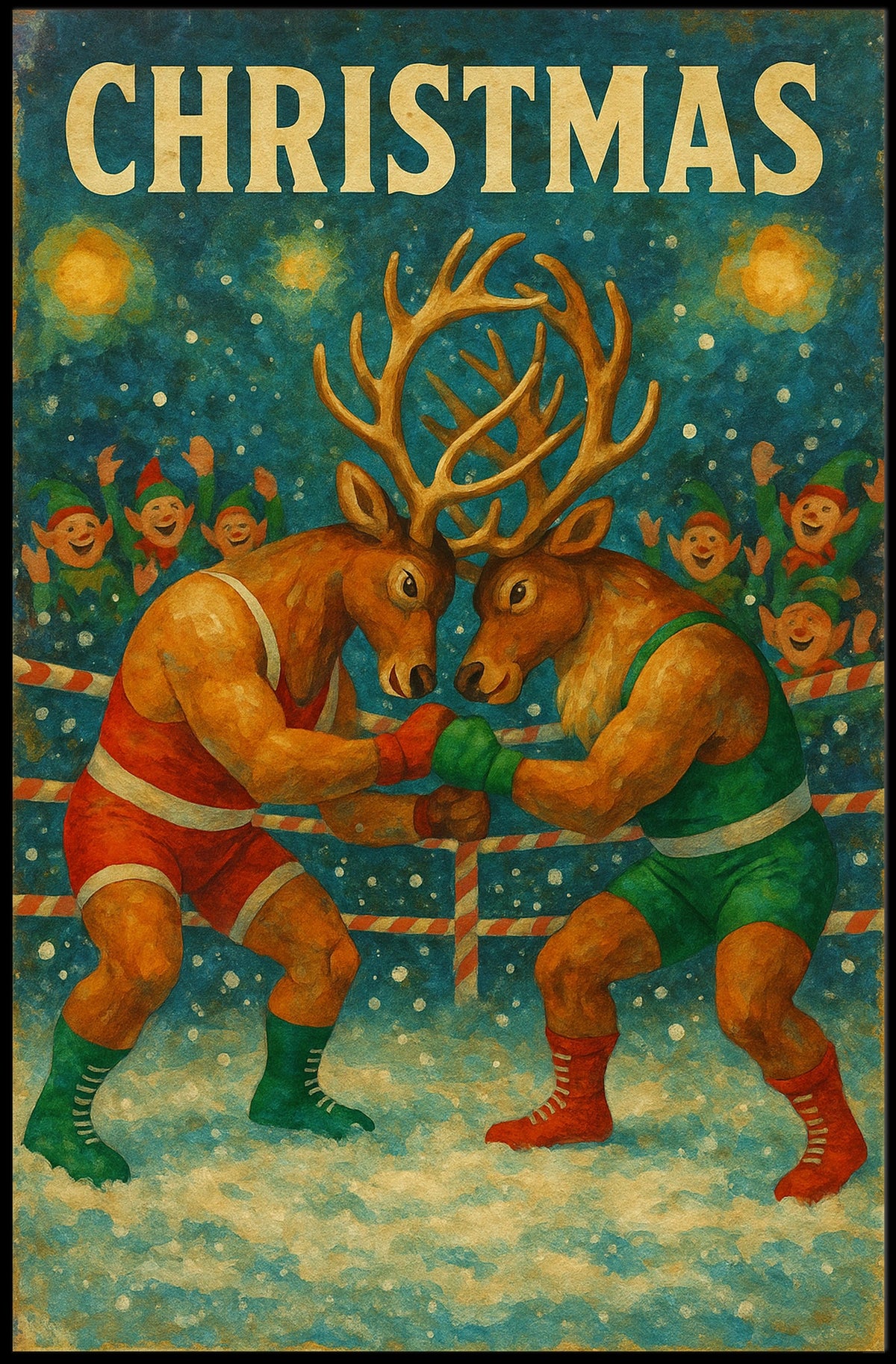 Festive Boxing Reindeer Christmas Whimsical Animal Poster