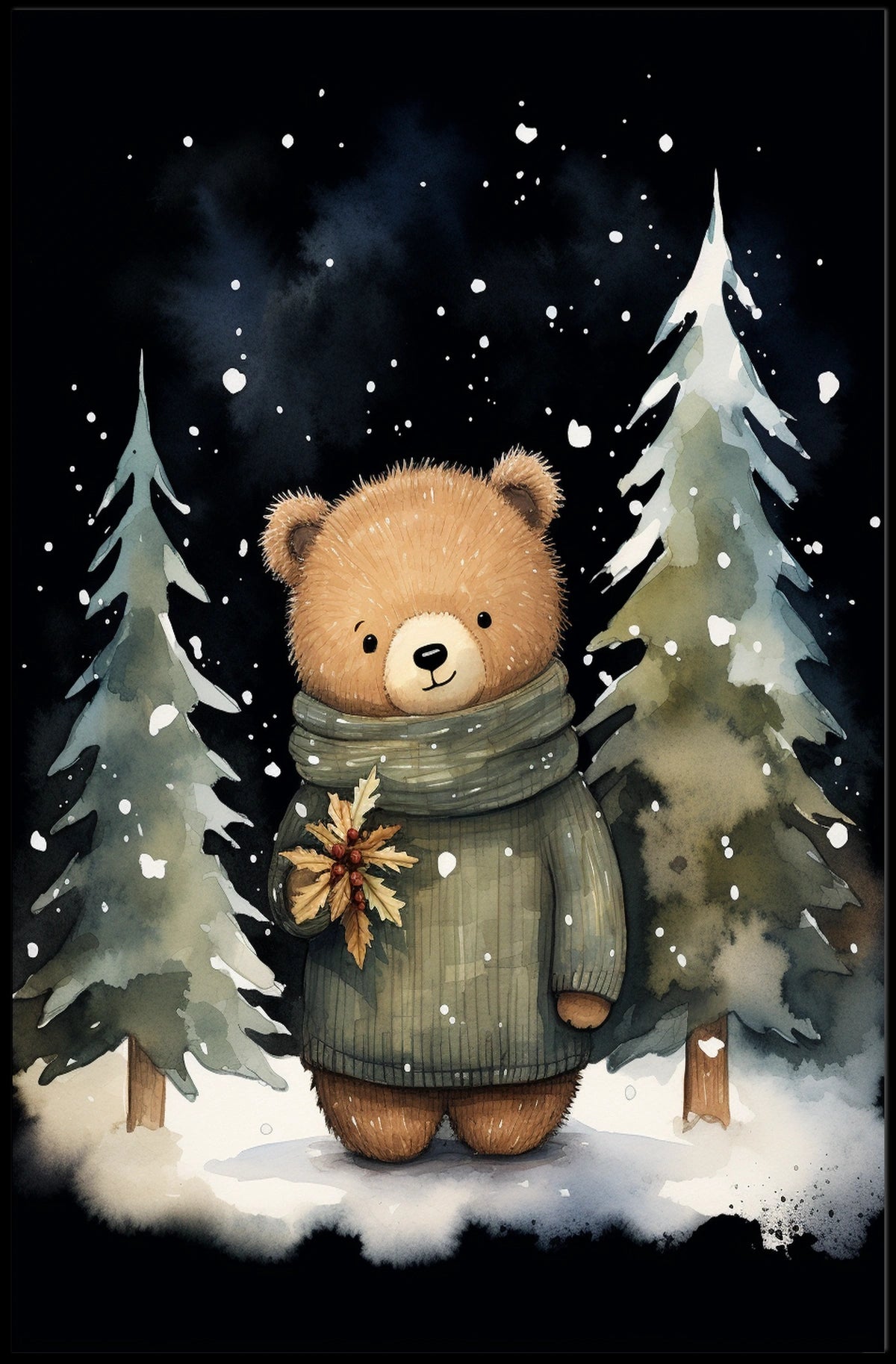 Winter Wonderland Teddy Bear Watercolor Art Poster
