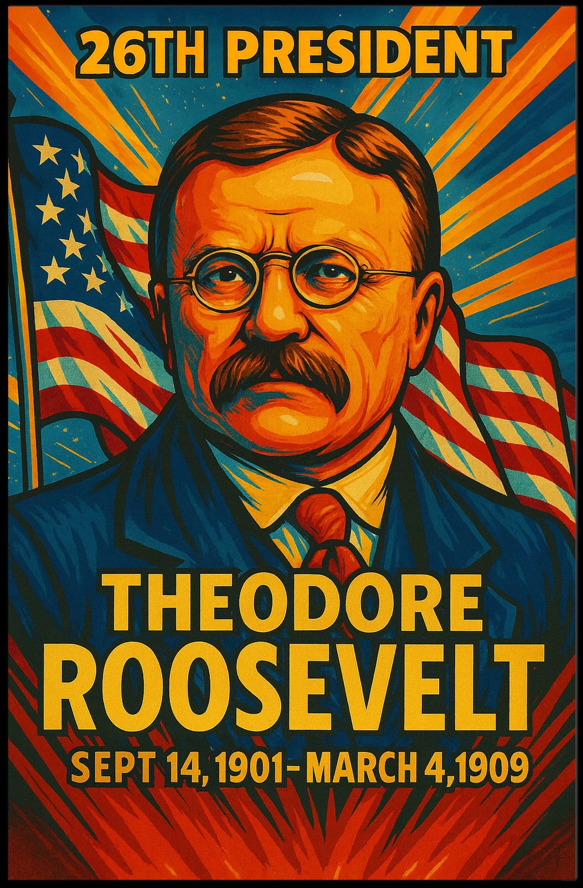 Theodore Roosevelt 26th President of the United States Colorful Comic Book Style Poster