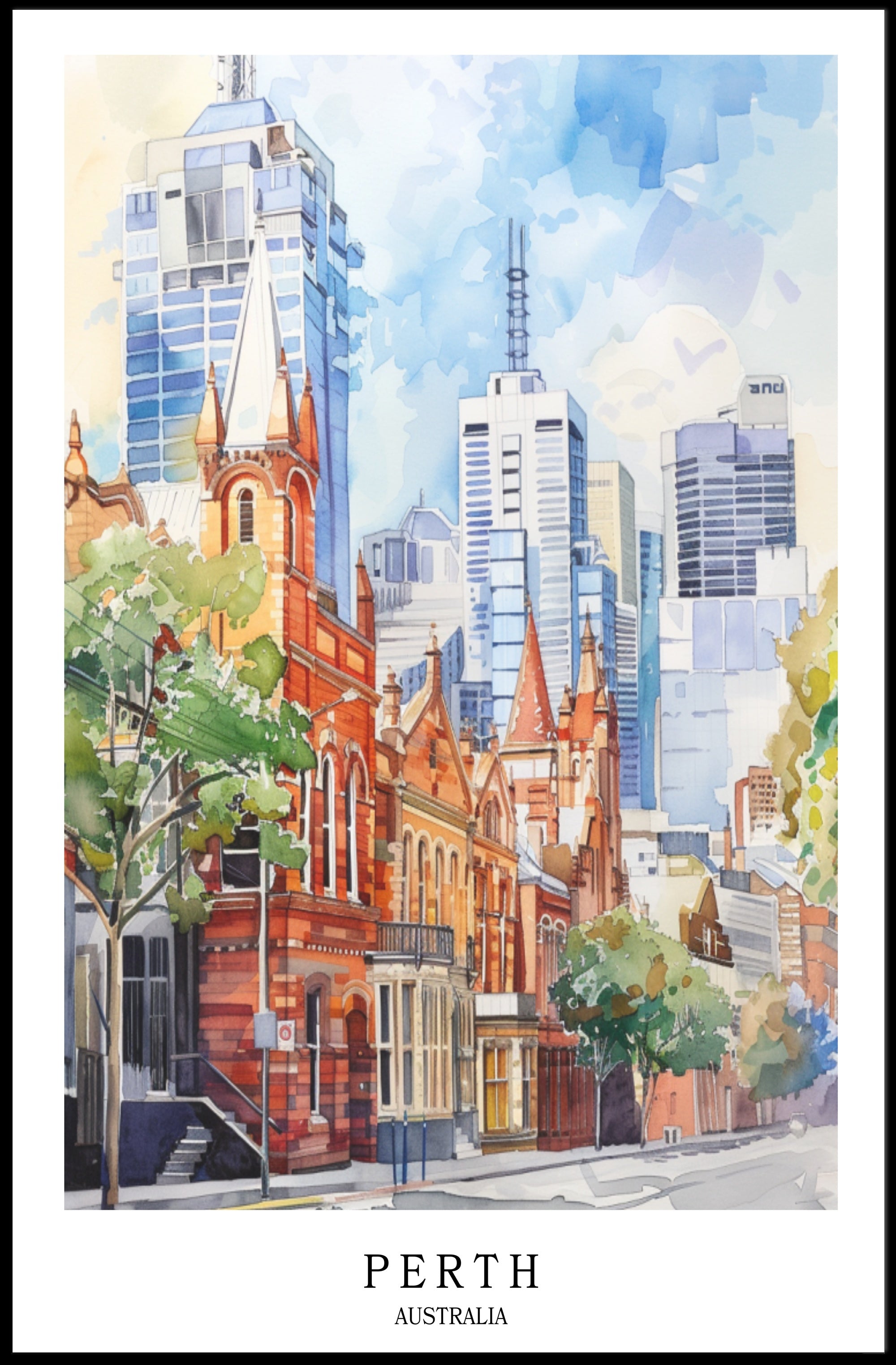Perth Urban Scene Watercolor Artistry Urban or Cityscape Poster PosterGoat