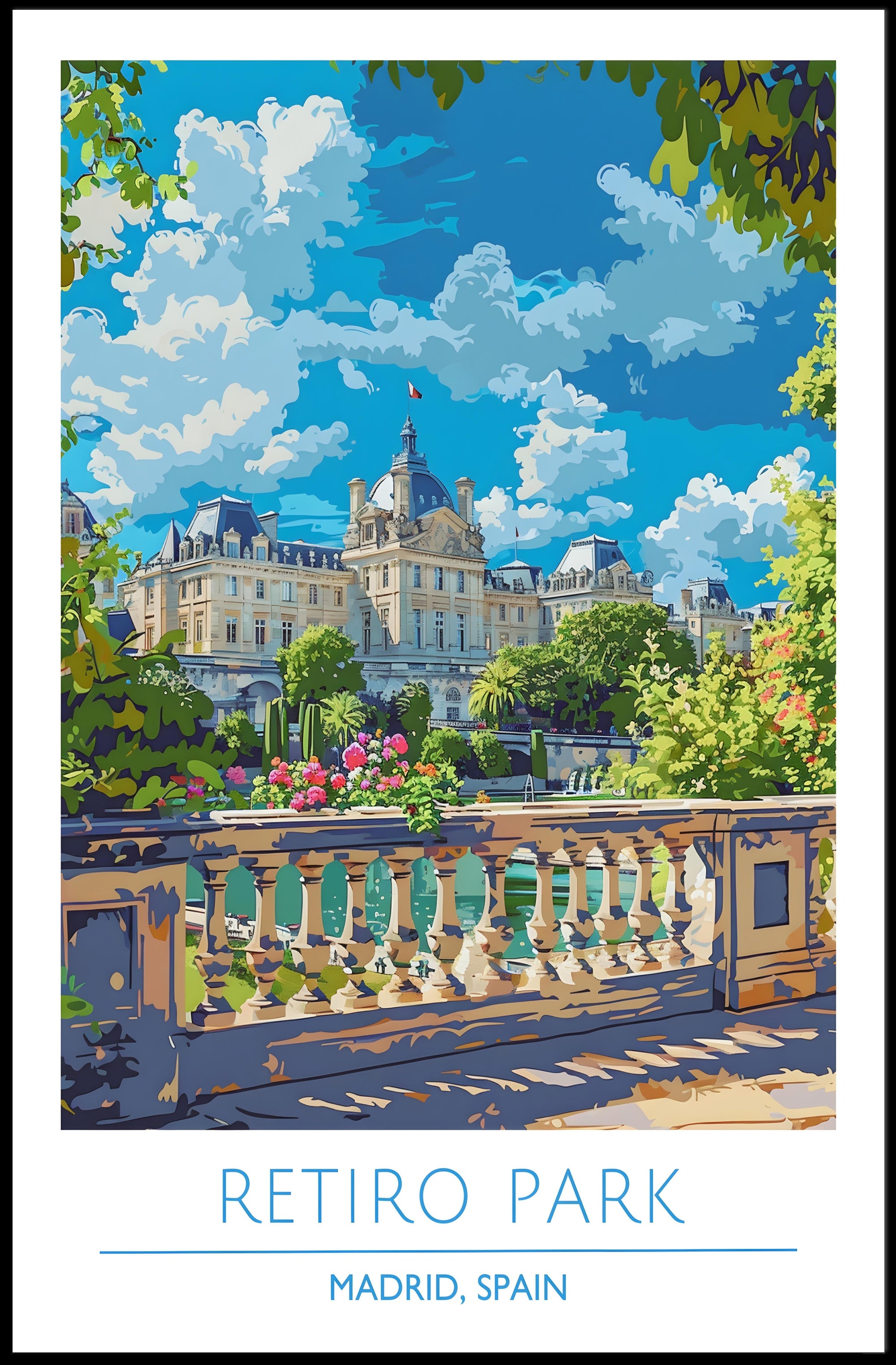 Retiro Park in Madrid vibrant travel illustration poster