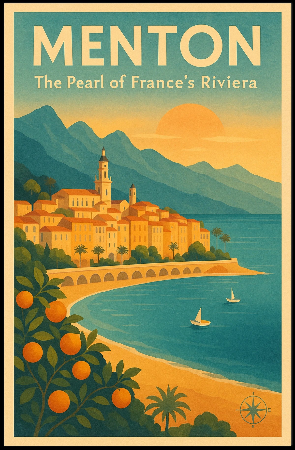 Menton Riviera Vintage Travel Poster: Sunset Serenity