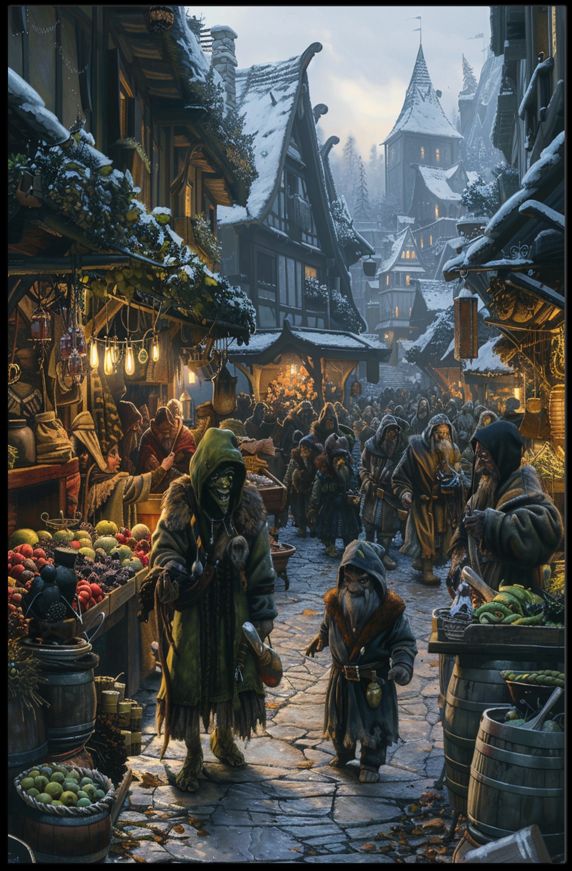 Medieval Snow Village Market Scene Fantasy or Mythology Poster PosterGoat