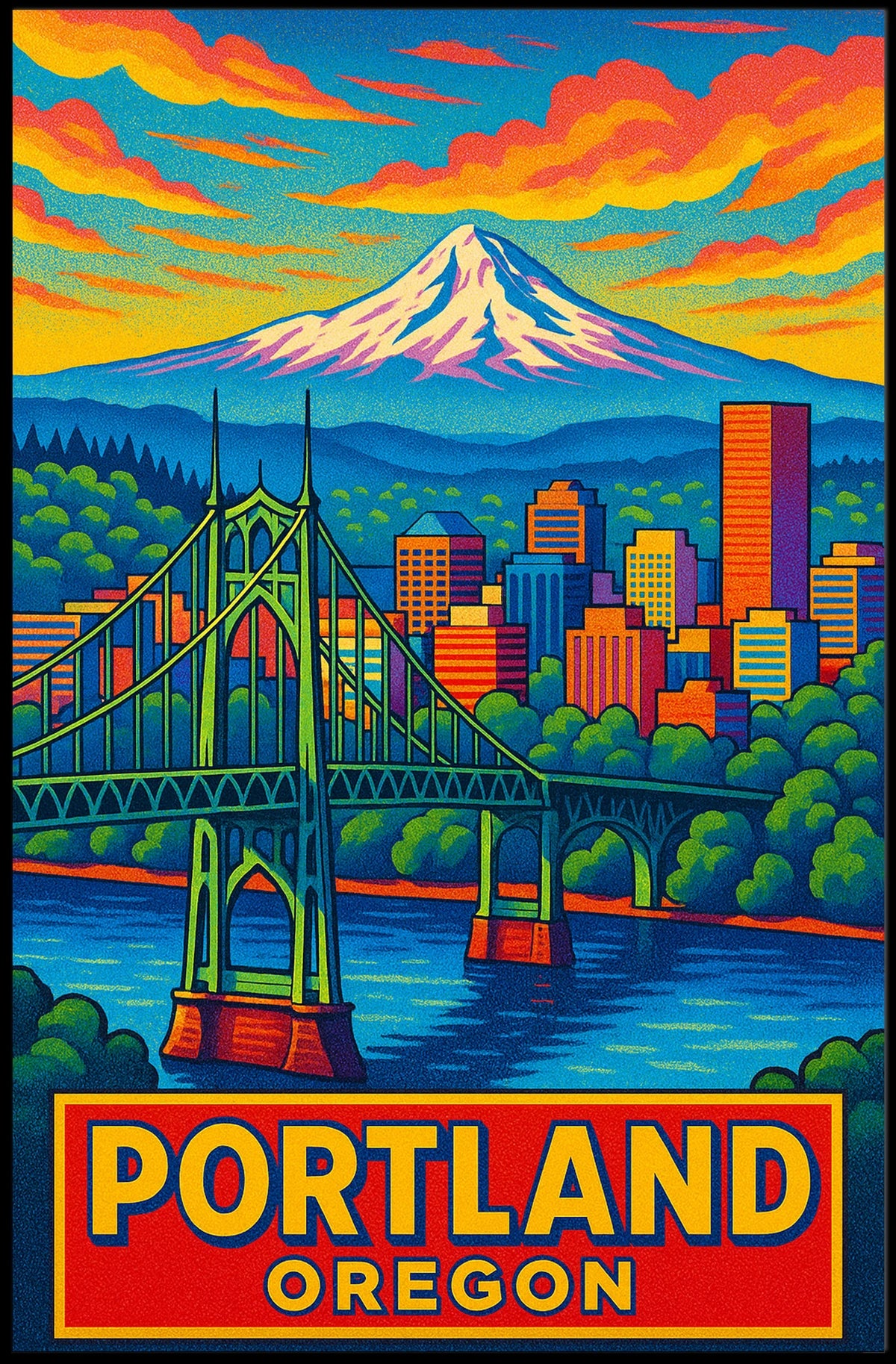 Portland, Oregon Vibrant Cityscape Poster