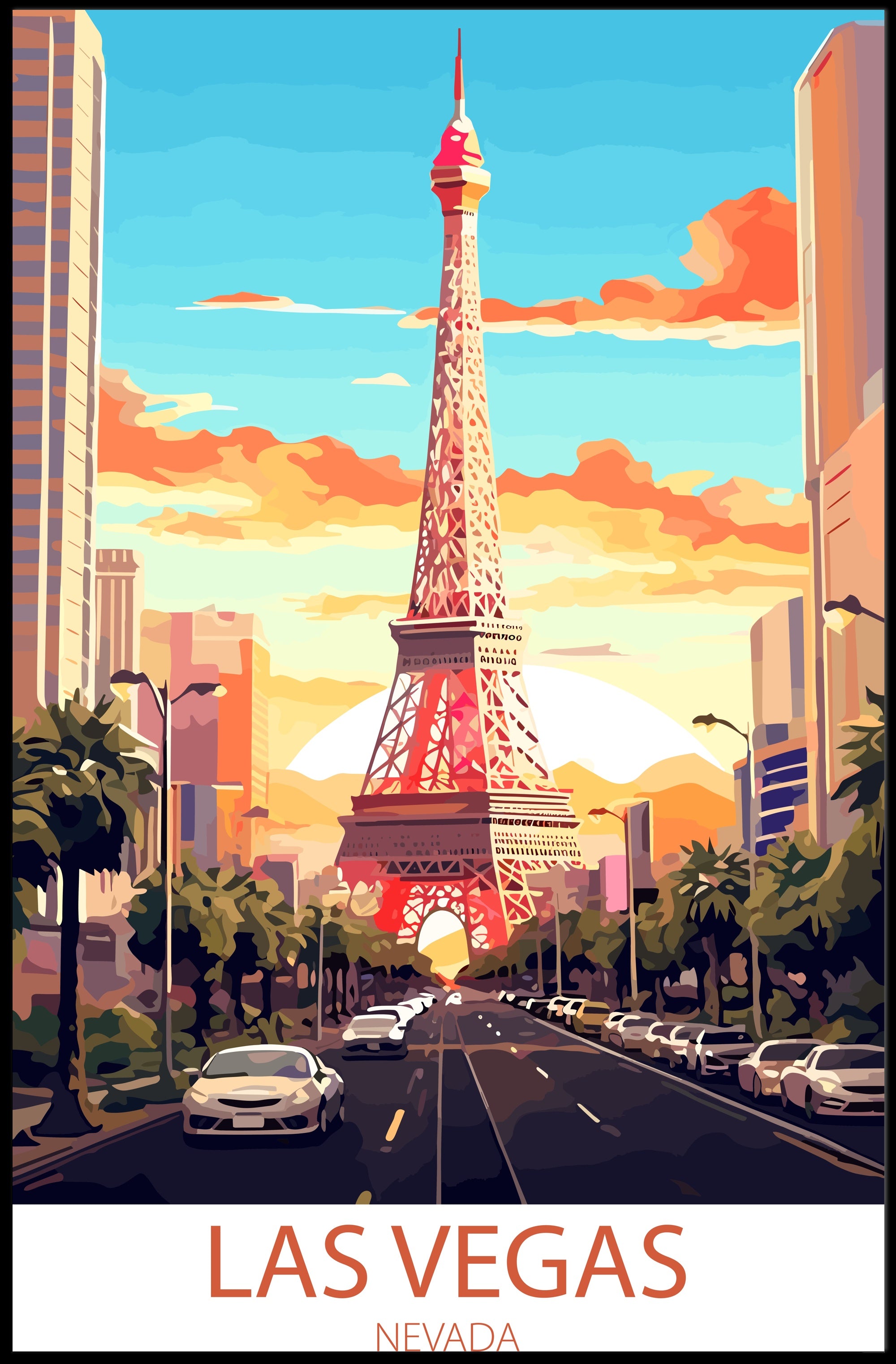 Las Vegas Cityscape with Eiffel Tower Travel Poster